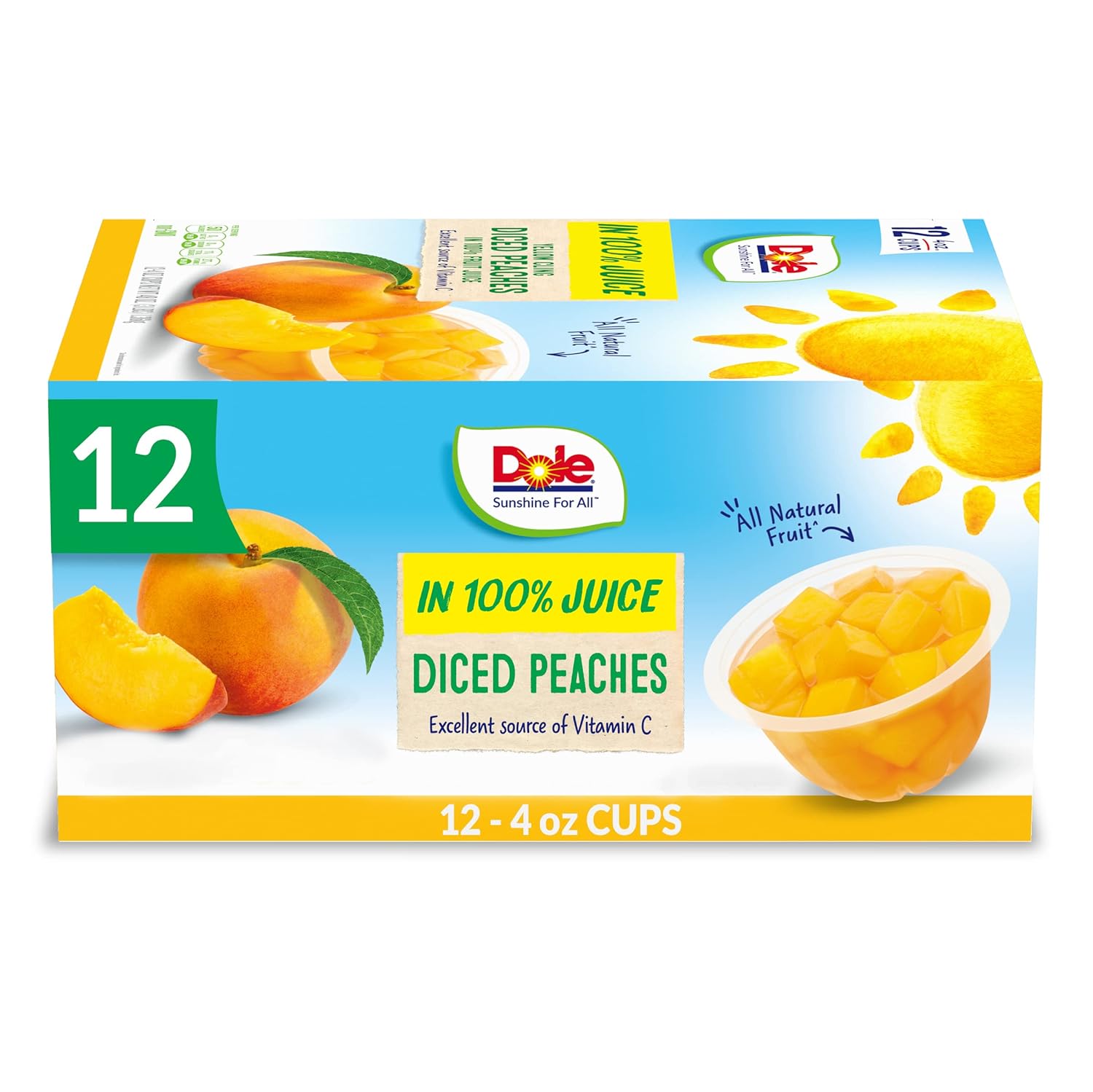 Dole Fruit Bowls Diced Peaches in 100% Juice Snacks, 4oz 12 Total Cups, Gluten & Dairy Free, Bulk Lunch Snacks for Kids & Adults
