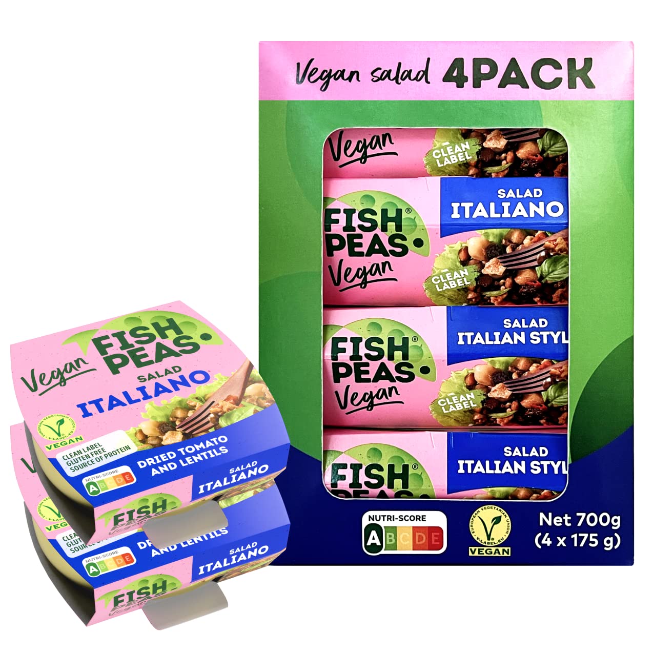 FISH PEAS - Plant Based Vegan Food ITALIANO Salad With Dried Tomato and Lentils. Plant Based Ready to Eat Meals, Gluten Free, Organic, Canned Vegan Meal Replacement - 175g (Pack of 4)