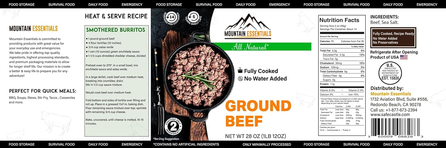 MOUNTAIN ESSENTIALS Canned Ground Beef 28 Ounce Cans Fully Cooked | Ready to Eat | No Water Added | No Preservatives | Survival & Emergency Food For Hiking, Backpacking & Camping Pack of 1