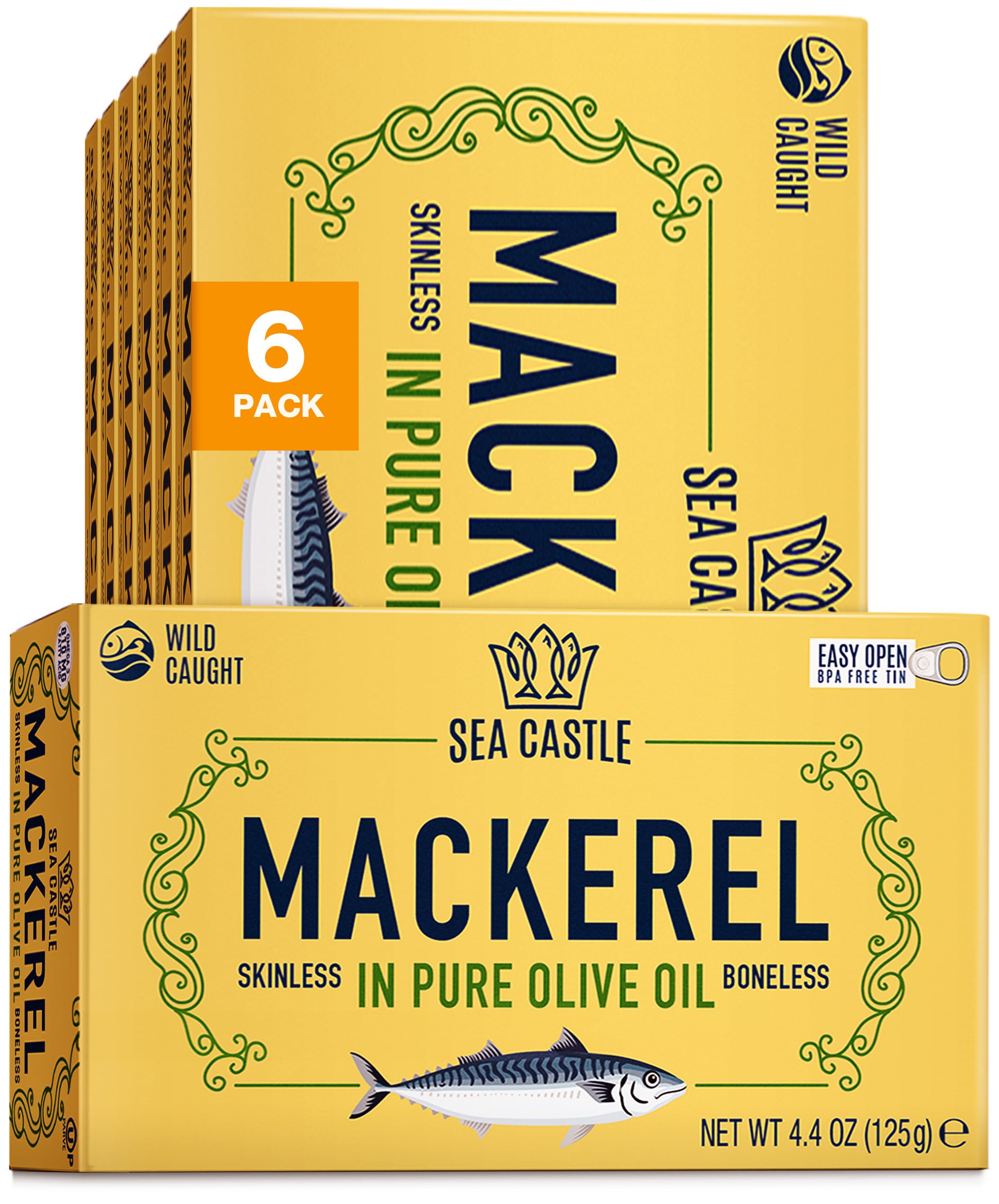 Sea Castle Mackerel in Olive Oil, 4.4oz (6 Pack) | Skinless & Boneless Canned Fish | Wild Caught Canned Mackerel Fillets | Packed with Vitamins | Non-GMO | Kosher