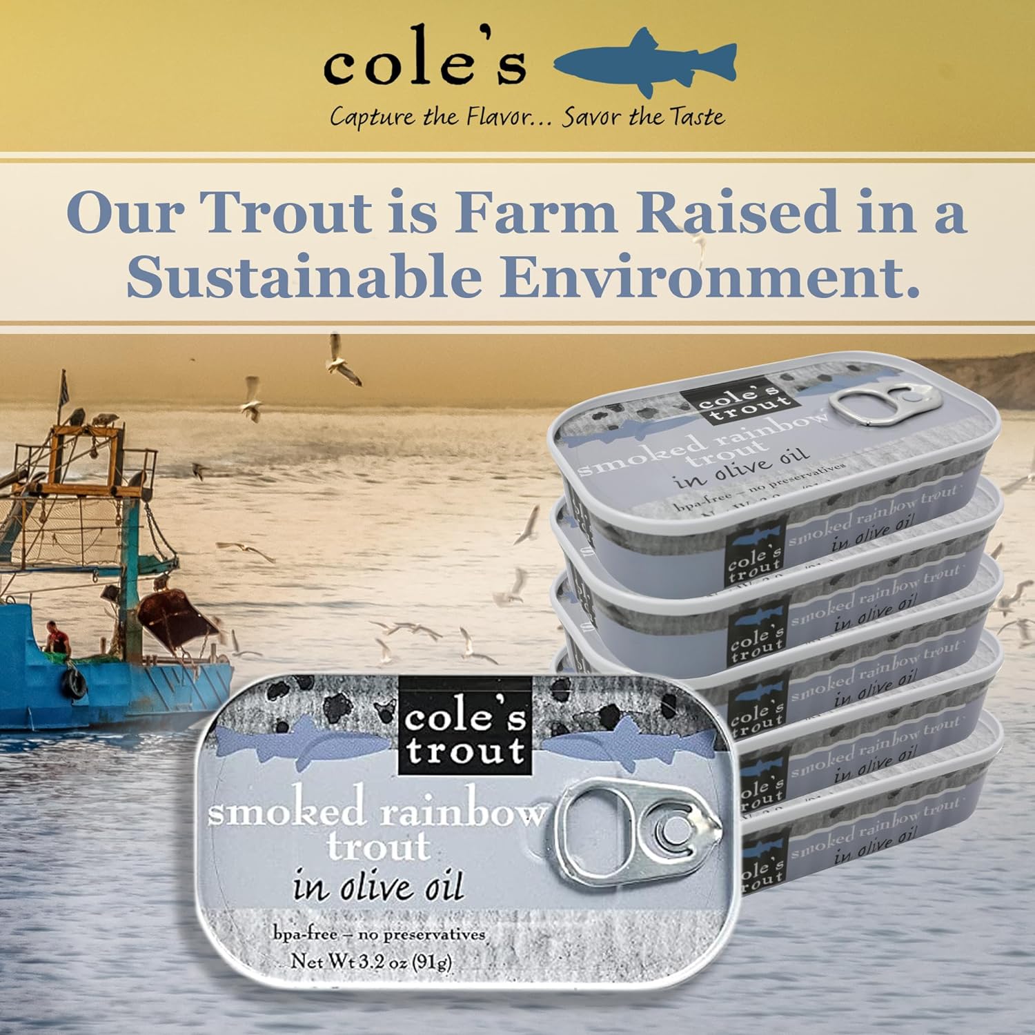 COLE’S - Smoked Trout Fillet with Extra Virgin Olive Oil | 3.2oz Hand-Packed Canned Fish | High in Protein & Vitamin D | Preservative Free | Pack of 10