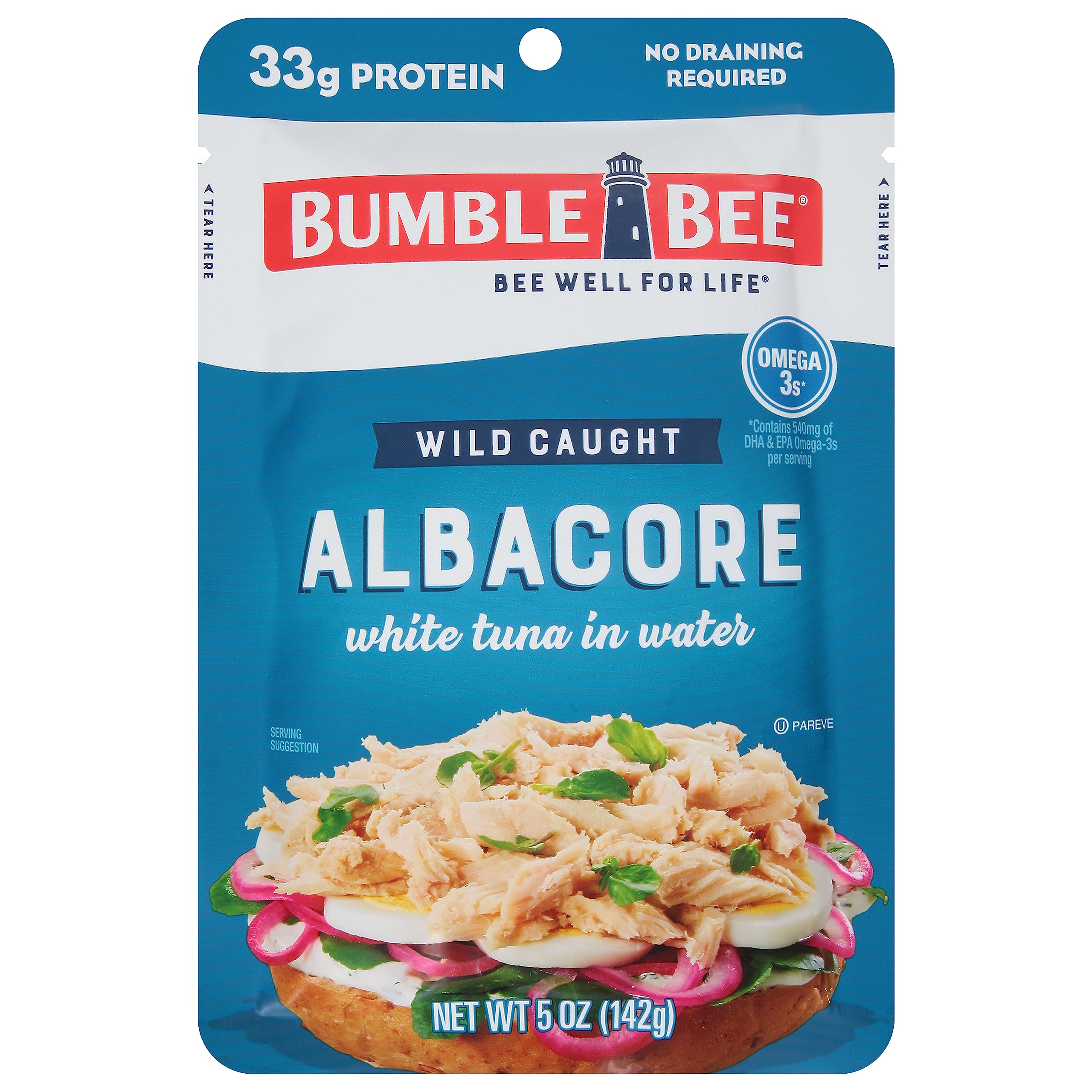 BUMBLE BEE Premium Albacore Tuna In Water Pouch, High Protein Food, Keto Food and Snacks, Gluten Free Food, High Protein Snacks, Canned Food, Bulk Tuna, 5 Ounce Pouches (Pack of 12)