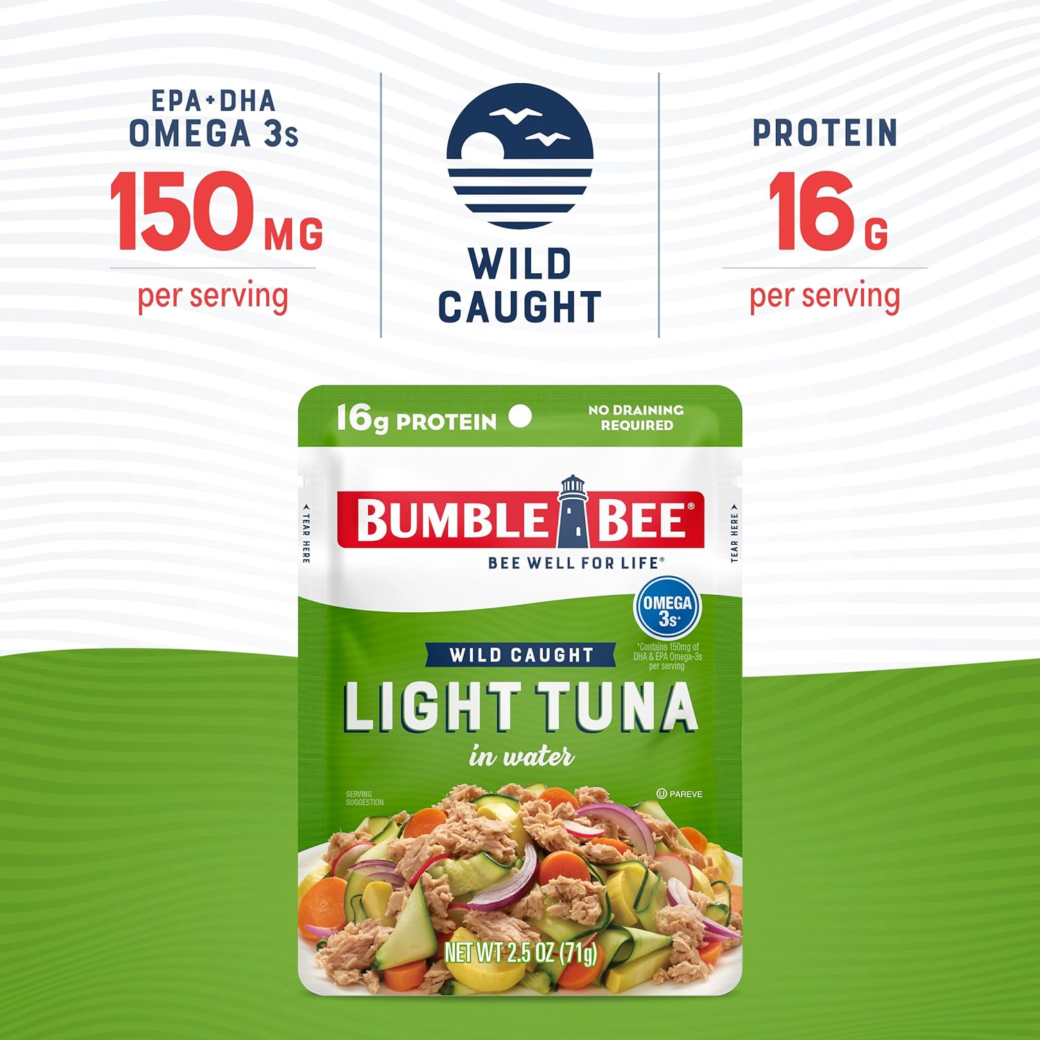 Bumble Bee Light Tuna Pouch in Water, 2.5 oz Pouch (Pack of 12) - Ready to Eat Tuna Fish, High Protein, Keto Food and Snacks, Gluten Free