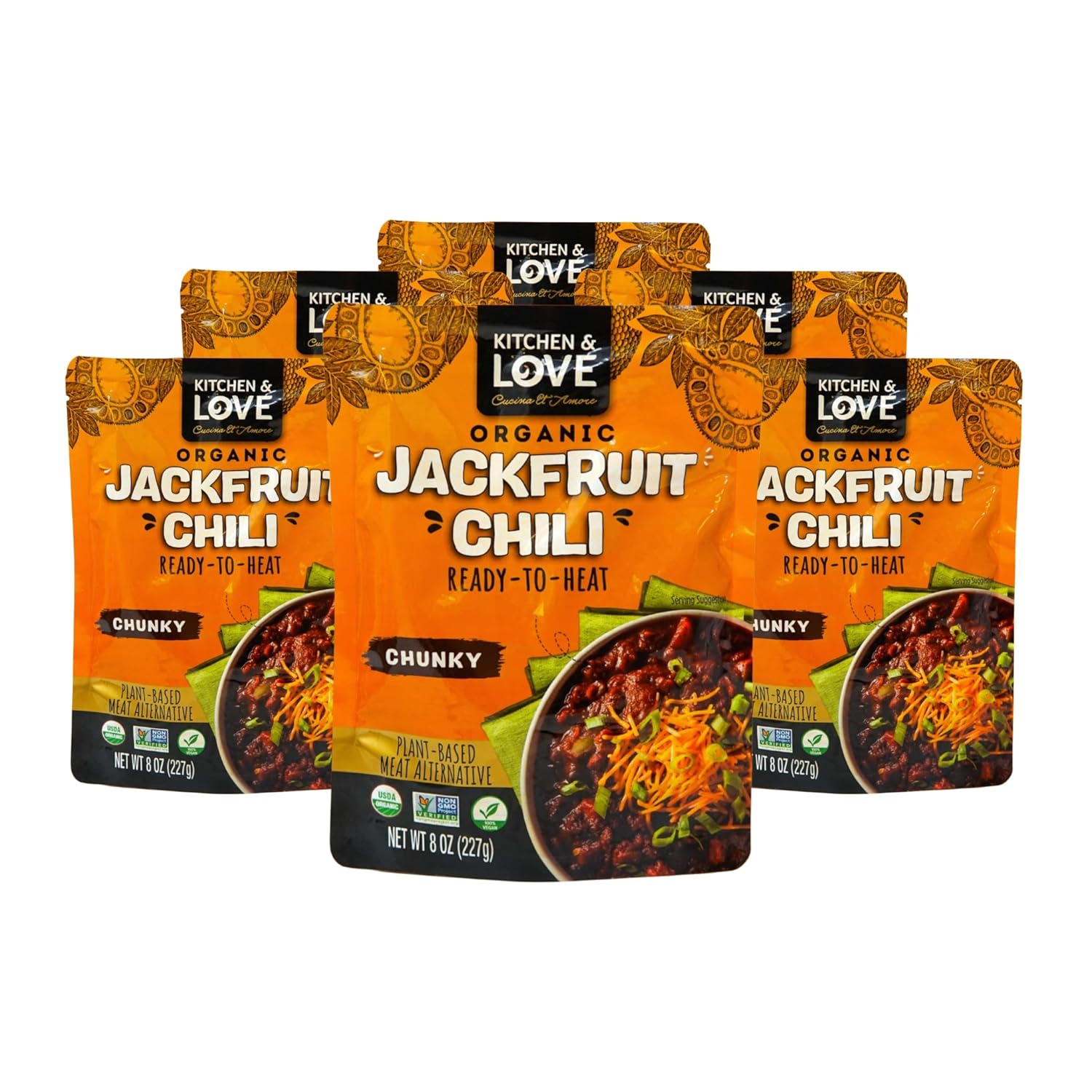Kitchen & Love Jackfruit Chunky Chili, Organic, Fully Cooked, Versatile Plant Based Meat Alternative, Gluten Free, Ready in 90 seconds, High in Fiber, Non GMO Verified, Kosher, Vegan, Easy to Prepare Quick Meal 8 Oz (Pack of 6)