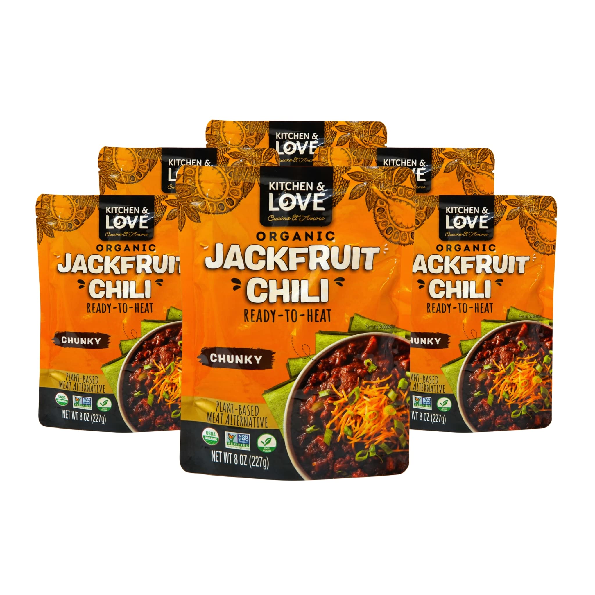 Kitchen & Love Jackfruit Chunky Chili, Organic, Fully Cooked, Versatile Plant Based Meat Alternative, Gluten Free, Ready in 90 seconds, High in Fiber, Non GMO Verified, Kosher, Vegan, Easy to Prepare Quick Meal 8 Oz (Pack of 6)