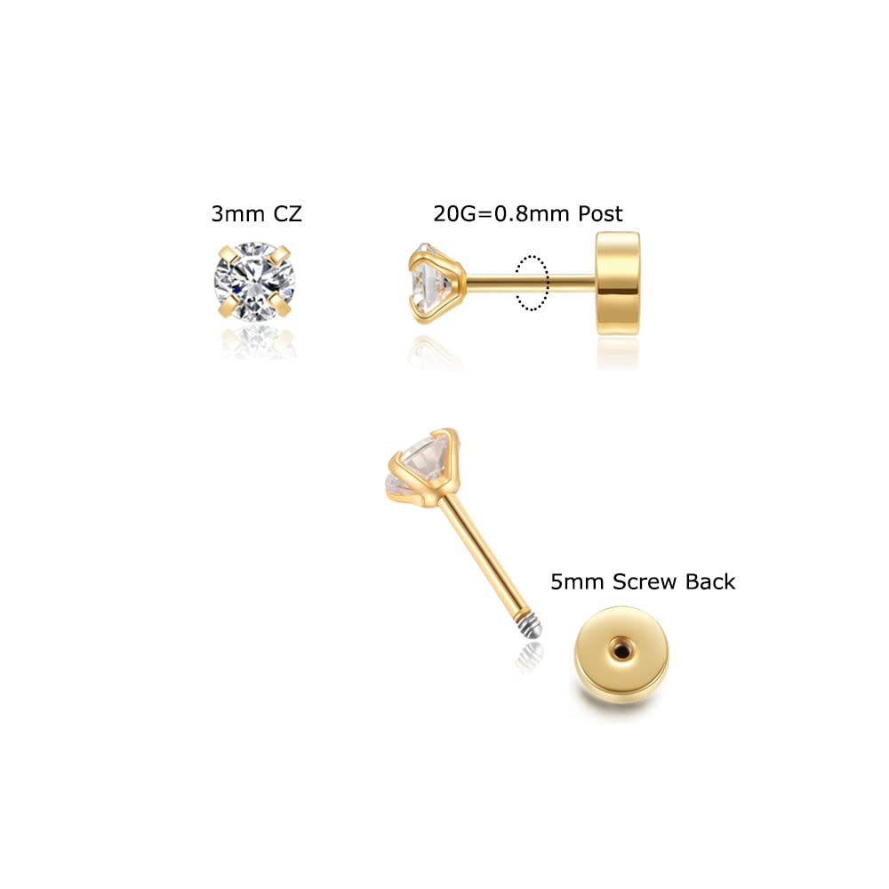 3mm Tiny CZ Screw on Flat Back Stud Earrings,14K Gold Flat Back Cubic Zirconia Earrings for Helix Cartilage Tragus Earlobe Piercing Jewelry Gift for Women Girls Toddlers(3mm CZ, Gold)