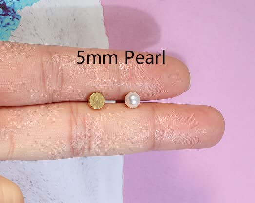 14K Gold Screw Back Pearl Stud Earrings for Women,Flat Back Pearl Cartilage Earrings Pearl Helix Earrings Hypoallergenic 316L Surgical Steel Piercing Jewelry Gift for Girls Toddlers (5mm Pearl, Gold)