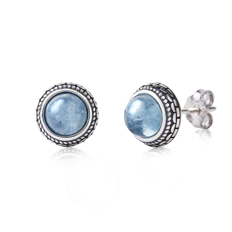 Small Genuine Blue Aquamarine 925 Sterling Silver Hypoallergenic Studs Earrings Jewelry for Women Dainty Trendy Antiqued Silver March Birthstone Earrings Jewelry Gifts for Women and Girls Her Keenove