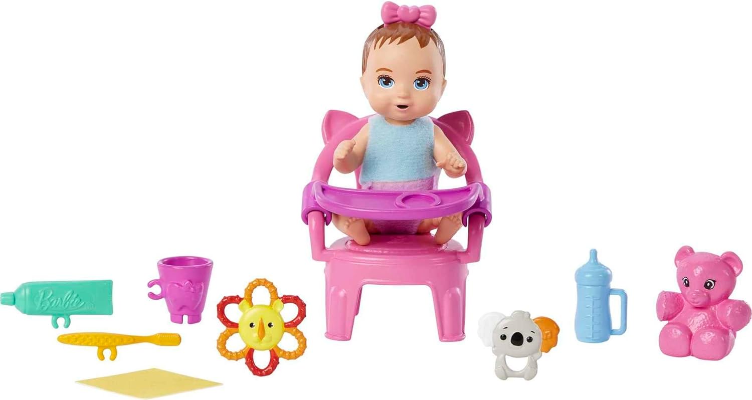 Barbie Skipper Babysitter First Tooth Playset with Skipper Doll, Baby Doll with Tooth Feature, Booster Seat and 8 Accessories