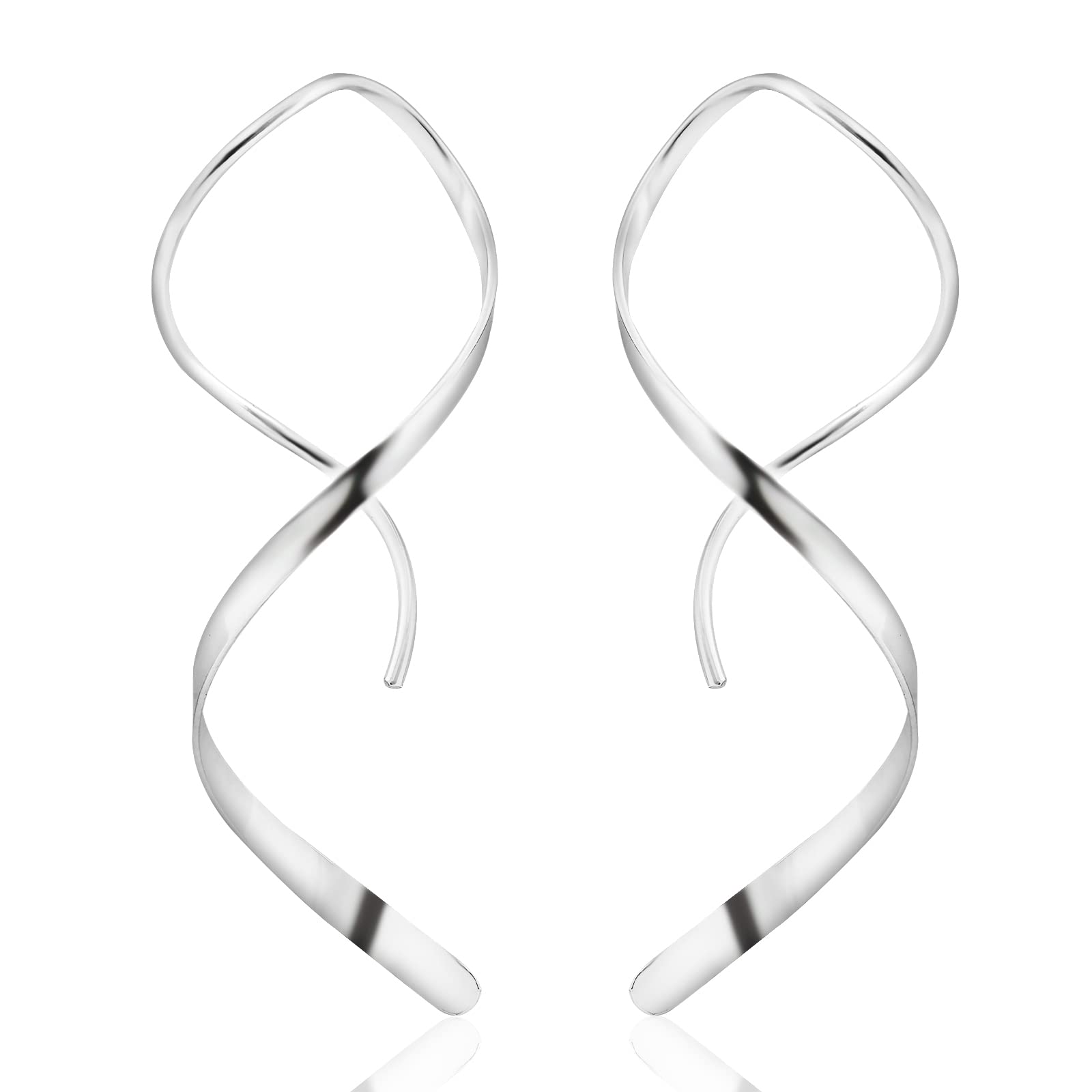 Handmade 925 Sterling Silver Spiral Threader Earrings Hypoallergenic Twisted Curved Drop Dangle Earrings Pull Through Earrings for Women Trendy Fashion-Silver