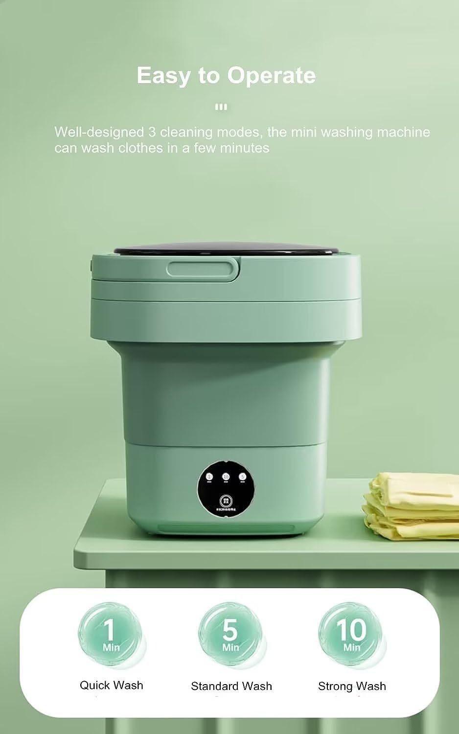 Small Portable Washing Machine, Mini Washer 9L High Capacity with 3 Modes Deep Cleaning for Underwear, Baby Clothes, or Small Items, Foldable Washing Machine for Apartments, Camping, Travel (Green)
