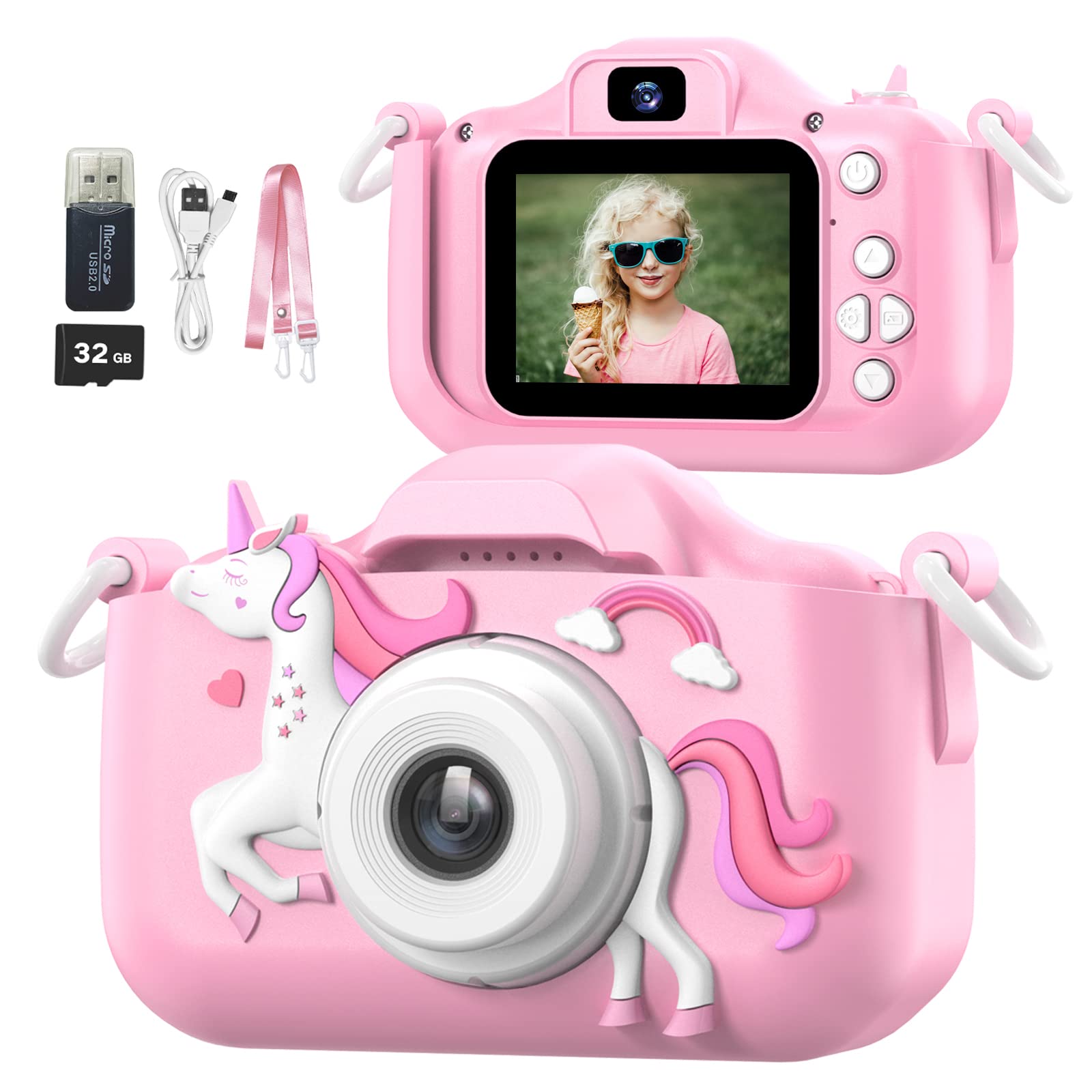 Mgaolo Children's Camera Toys for 3-12 Years Old Kids Boys Girls,HD Digital Video Camera with Protective Silicone Cover,Christmas Birthday Gifts with 32GB SD Card (Pink)