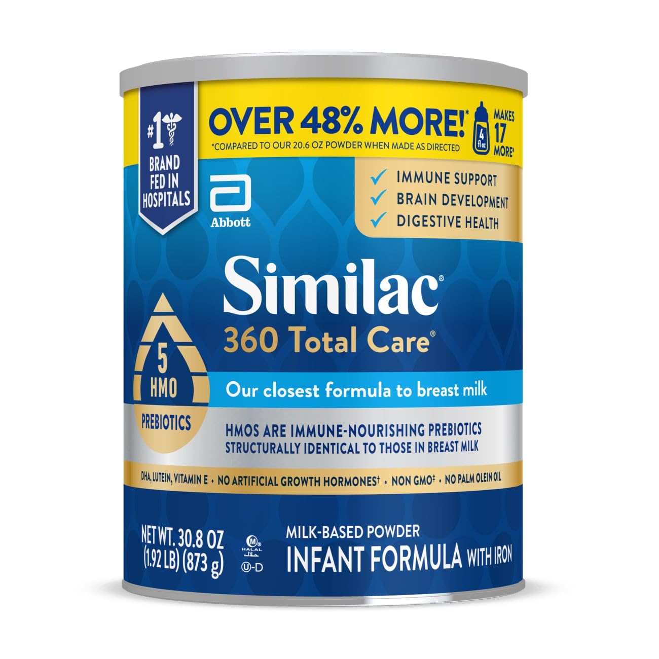 Similac 360 Total Care Infant Formula with 5 HMO Prebiotics, Our Closest Formula to Breast Milk, Non-GMO, Baby Formula Powder, 30.8-oz Can