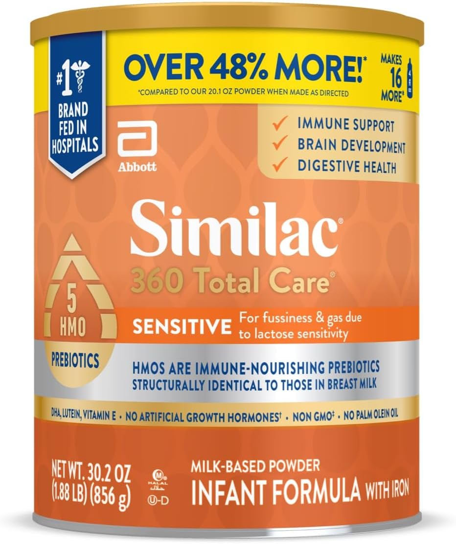 Similac 360 Total Care Sensitive Infant Formula, with 5 HMO Prebiotics, for Fussiness & Gas Due to Lactose Sensitivity, Non-GMO, Baby Formula Powder, 30.2-oz Can (Pack of 1)