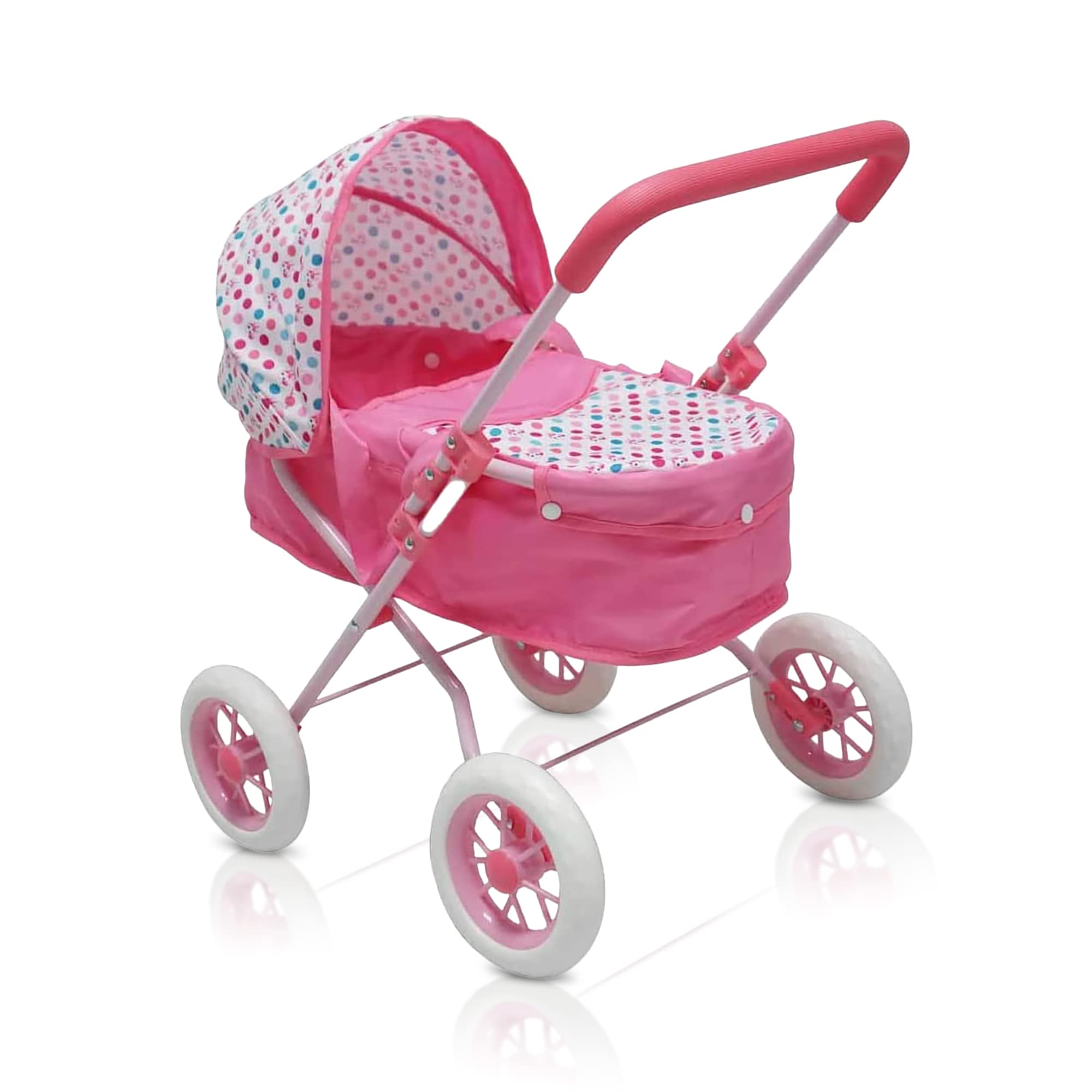KOOKAMUNGA KIDS Baby Doll Stroller - Realistic 2 in 1 Baby Stroller for Dolls w/Detachable Bassinet – Toy Pram w/Carry Cot, Retractable Canopy & Soft Grip Handle - for Dolls up to 18" - Pink