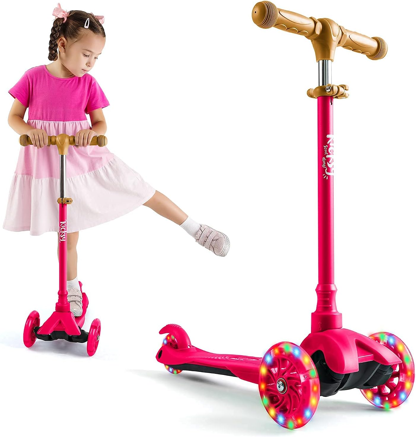 Kicksy - Kids Scooter - Toddler Scooter for Kids 2-5 Adjustable Height - 3 Wheel Scooter for Kids Ages 3-5 Boys & Girls - Kids Three Wheel Scooter with Light Up LED Wheels