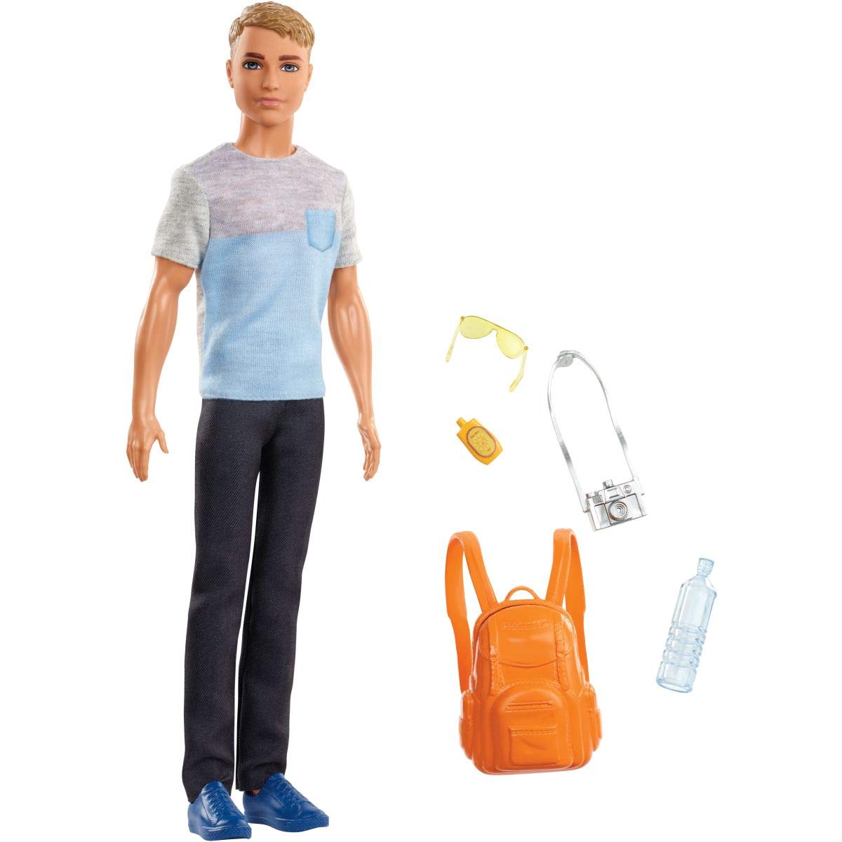 Barbie Travel Ken Doll, Dark Blonde, with 5 Accessories Including a Camera and Backpack, for 3 to 7 Year Olds