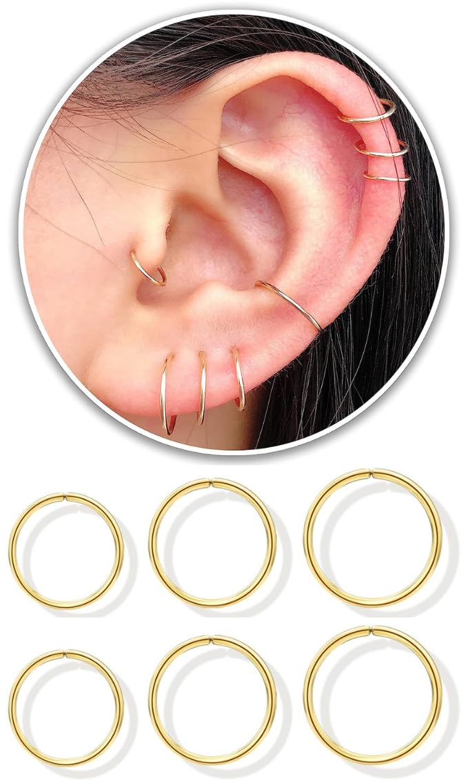 3 Pairs 14k Gold Plated Sterling Silver Small Hoop Earrings Set for Women Cartilage Nose Septum Helix Tragus Rings Multiple Piercing Jewelry, Hypoallergenic Thin Tiny Gold Hoops 6mm 7mm 8mm