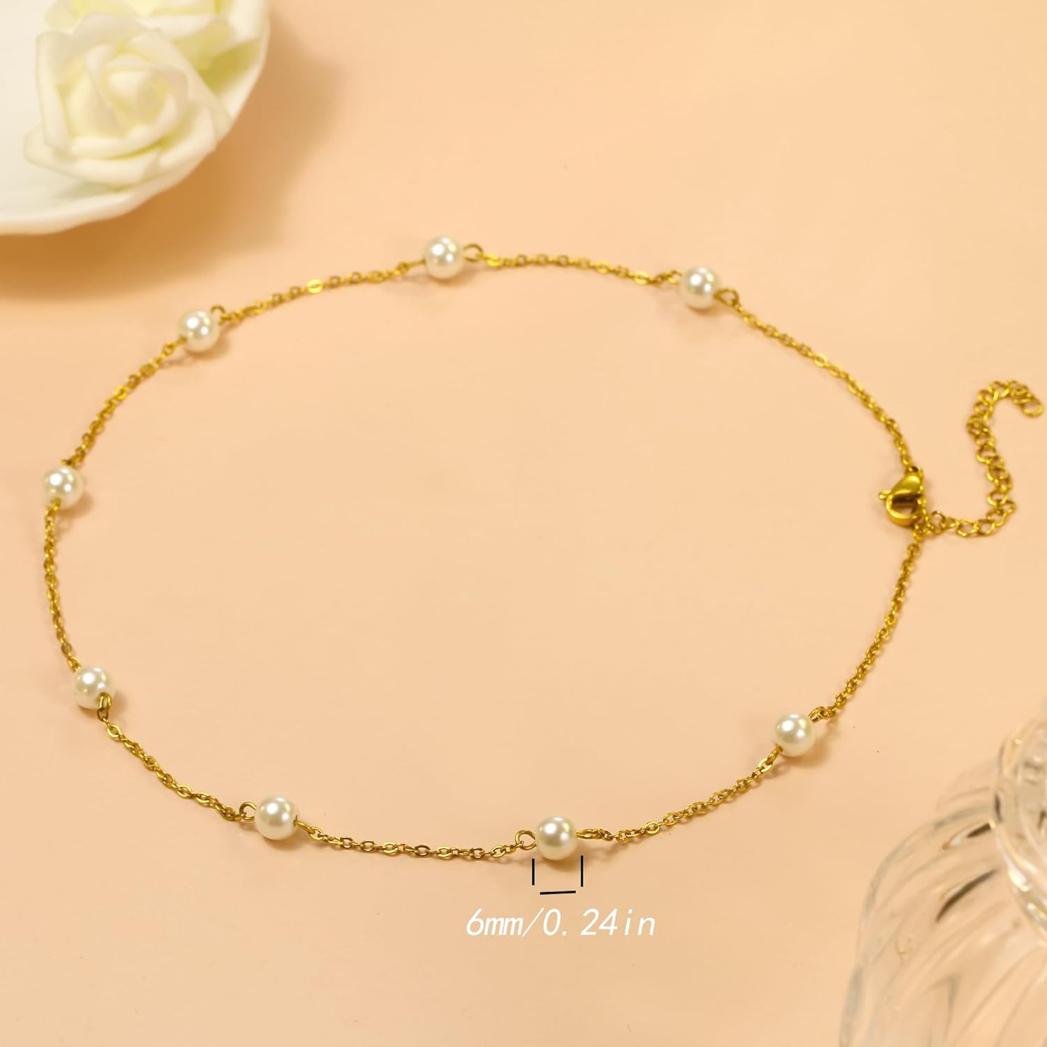 Trinckle Gold Pearl Necklace, Dainty Gold Necklaces Pearl Choker Necklace 15'' Pearl Necklaces for Women Valentines Day Necklace Adjustable Gold Jewelry for Bride as Girls Pearl Jewelry Birthday Gift