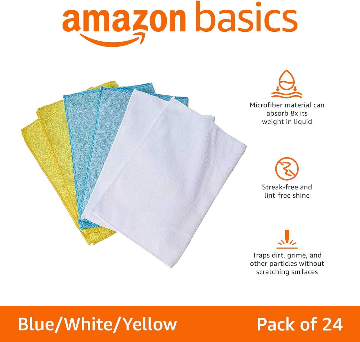 Amazon Basics Microfiber Cleaning Cloths, Non-Abrasive, Reusable and Washable, Pack of 24, Blue/White/Yellow, 16" x 12"
