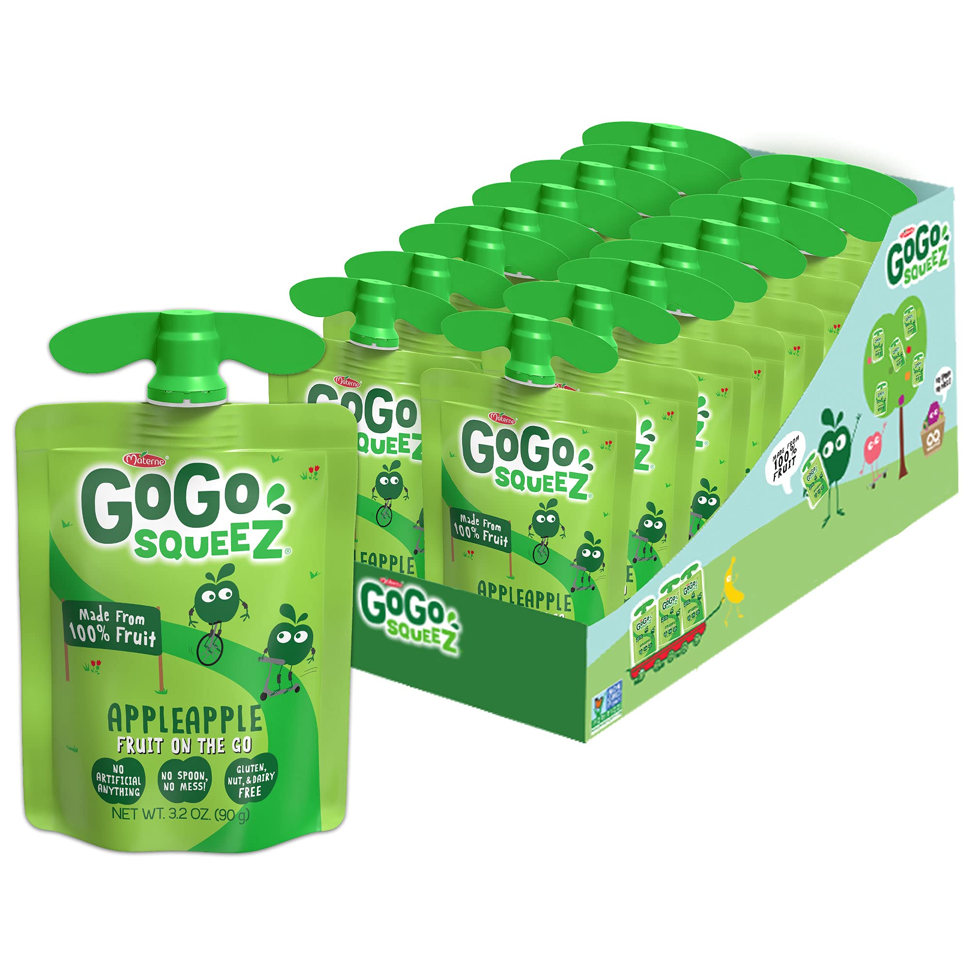GoGo squeeZ Fruit on the Go, Apple Apple, 3.2 oz (Pack of 18), Unsweetened Fruit Snacks for Kids, Gluten Free, Nut and Dairy Free, Recloseable Cap, BPA Free Pouches