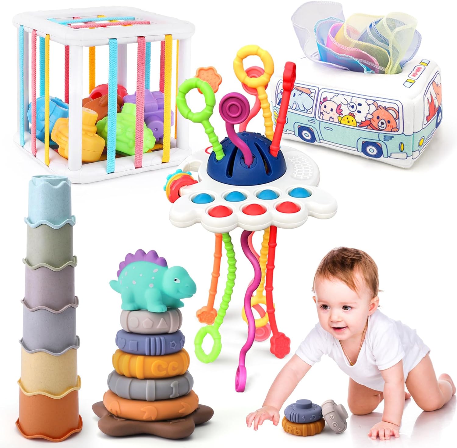 5 in 1 Baby Montessori Toys Set Include Shape Sorter Bin with Sound, Baby Tissue Box, Stacking Cups, Pull String Toy, Soft Stacking Rings, Sensory Toys for Infants Toddlers