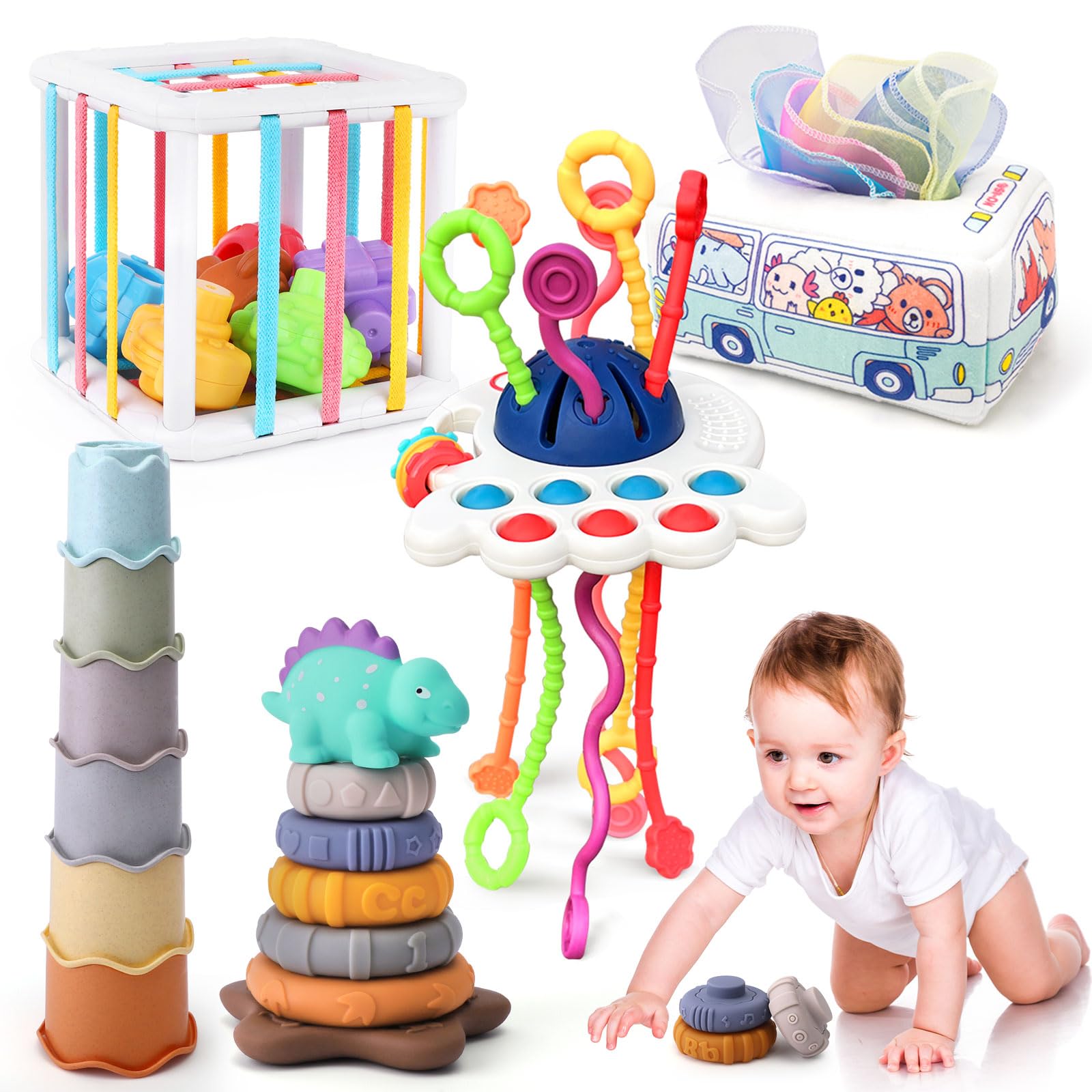 5 in 1 Baby Montessori Toys Set Include Shape Sorter Bin with Sound, Baby Tissue Box, Stacking Cups, Pull String Toy, Soft Stacking Rings, Sensory Toys for Infants Toddlers