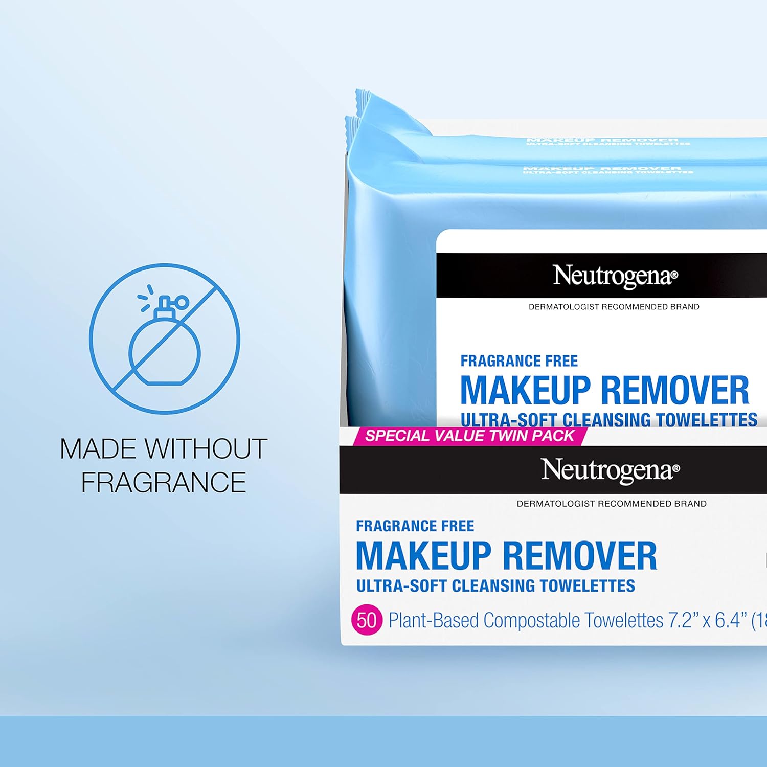 Neutrogena Cleansing Fragrance Free Makeup Remover Face Wipes, Cleansing Facial Towelettes for Waterproof Makeup, Alcohol-Free, Unscented, 100% Plant-Based Fibers, Twin Pack, 2 x 25 ct