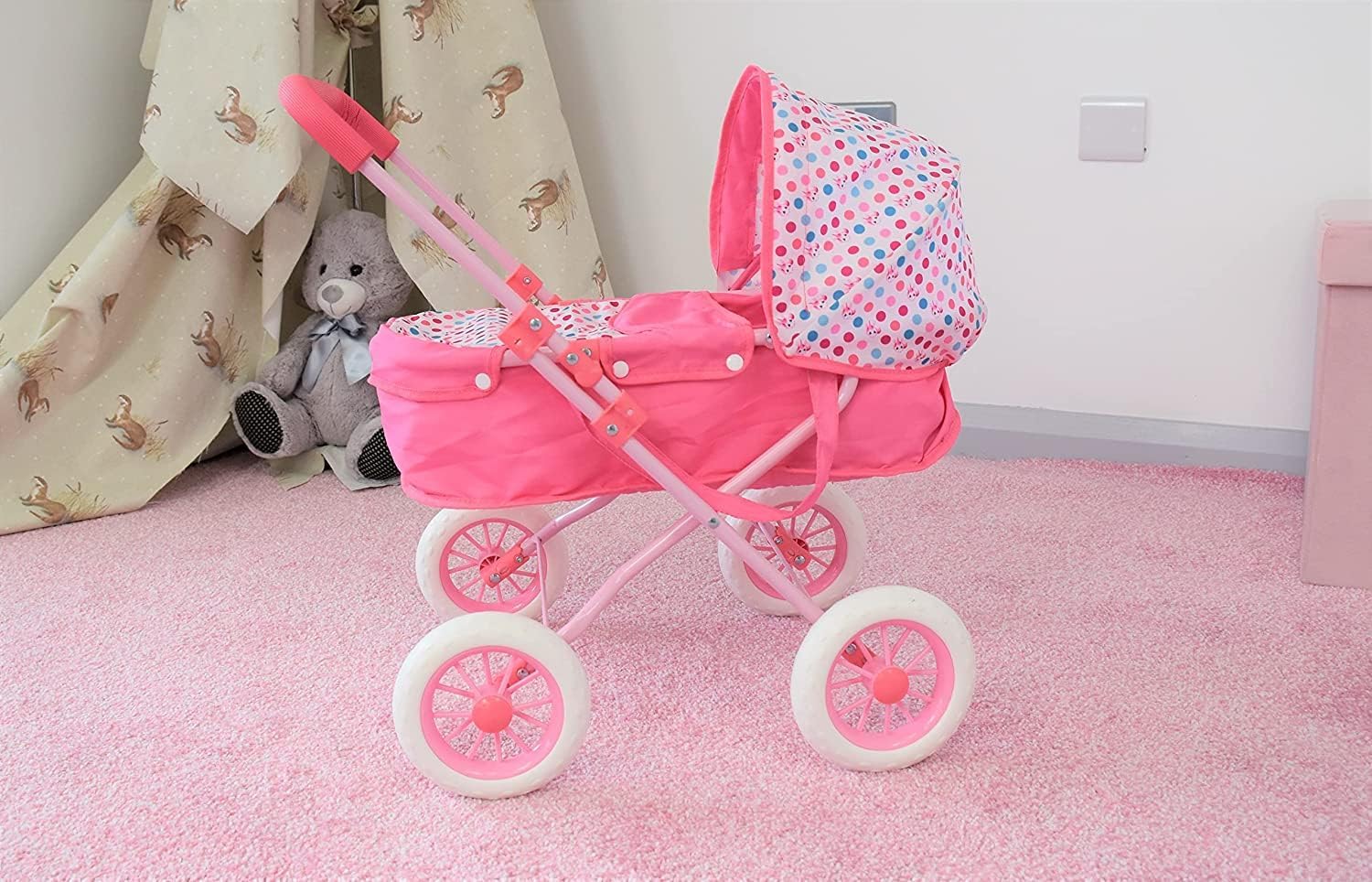 KOOKAMUNGA KIDS Baby Doll Stroller - Realistic 2 in 1 Baby Stroller for Dolls w/Detachable Bassinet – Toy Pram w/Carry Cot, Retractable Canopy & Soft Grip Handle - for Dolls up to 18" - Pink