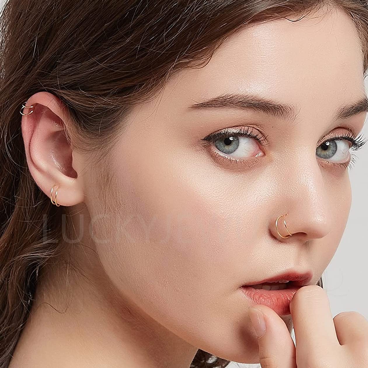 14k Gold Filled 20G Double Hoop Nose Ring for Single Piercing, 20 Gauge Small Thin 8mm Spiral Nose Jewelry for Women Men