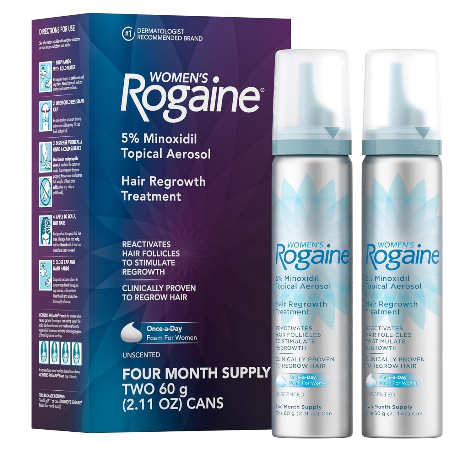 Women's Rogaine 5% Minoxidil Foam, Topical Once-A-Day Hair Loss Treatment for Women to Regrow Fuller, Thicker Hair, Unscented, 4-Month Supply, 2 x 2.11 oz