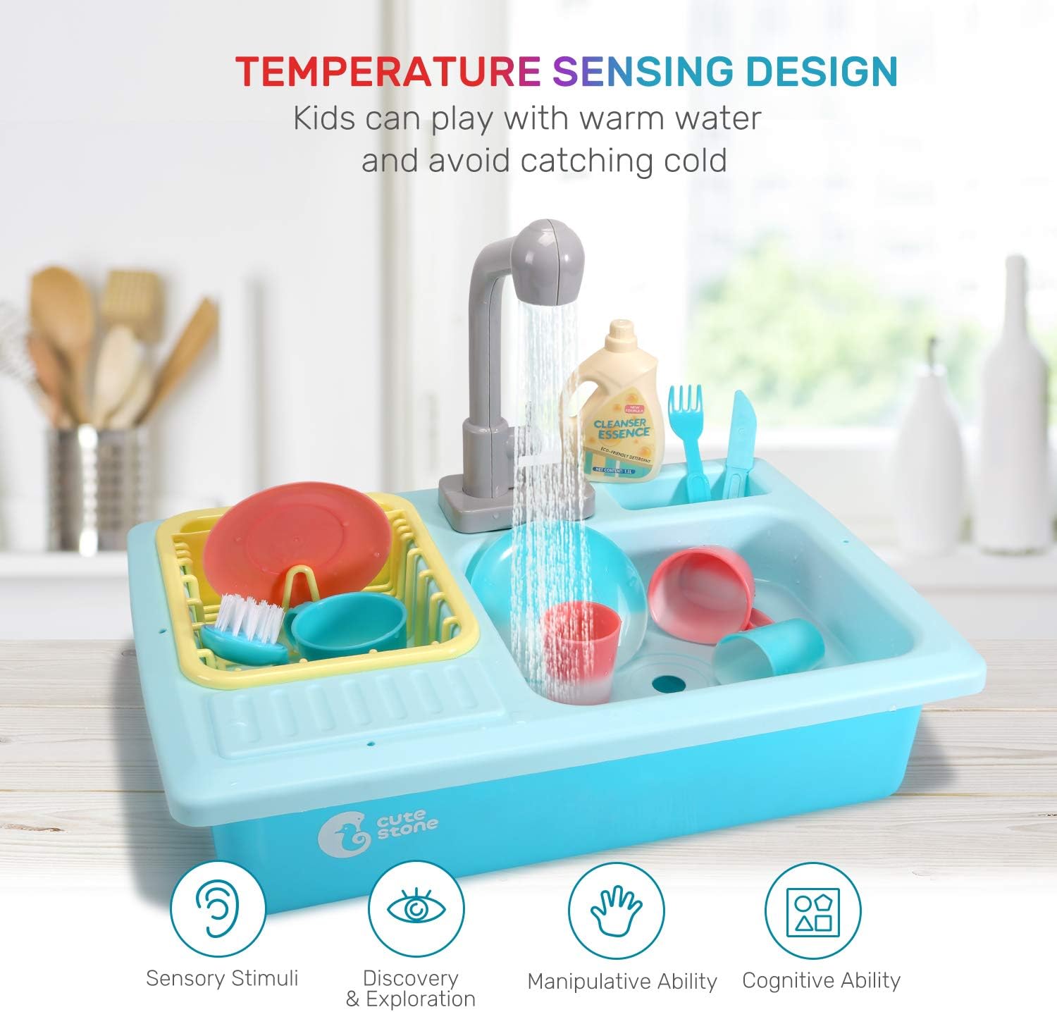 CUTE STONE Color Changing Kitchen Sink Toys, Children Heat Sensitive Electric Dishwasher Playing Toy with Running Water, Automatic Water Cycle System Play House Pretend Role Play Toys for Boys Girls
