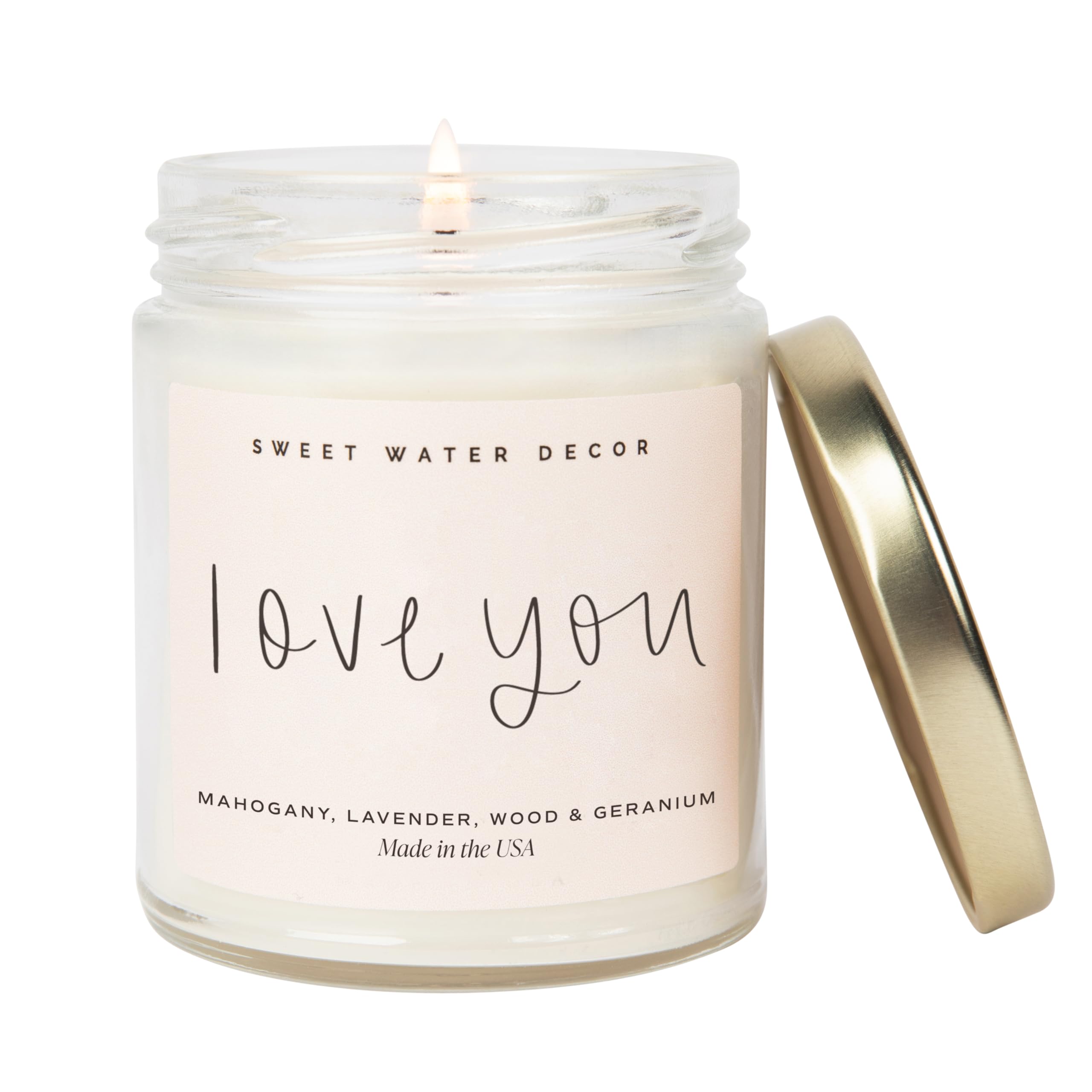 Sweet Water Decor, Love You Candle - Fresh Lavender, Mahogany, Geranium, and Wood Scented Candles for Home - 9oz Clear Jar + Gold Lid, 40+ Hour Burn Time, Made in the USA - Valentine's Day Candles