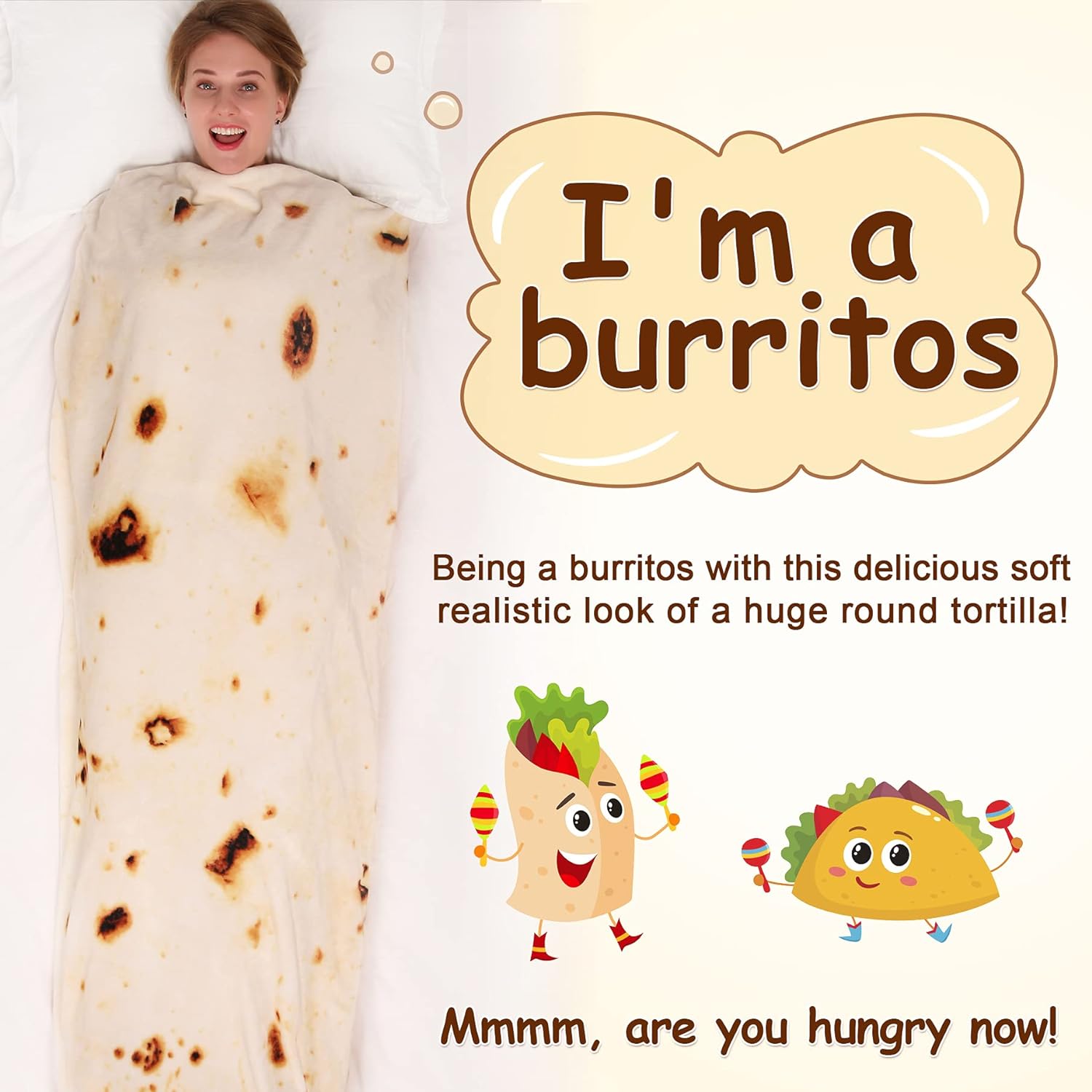 mermaker Burritos Tortilla Throw Blanket 2.0 Double Sided 71 inches for Adult and Kids, Giant Funny Realistic Food Blankets, 285 GSM Novelty Soft Flannel Taco Blanket (Yellow -Double Sided)