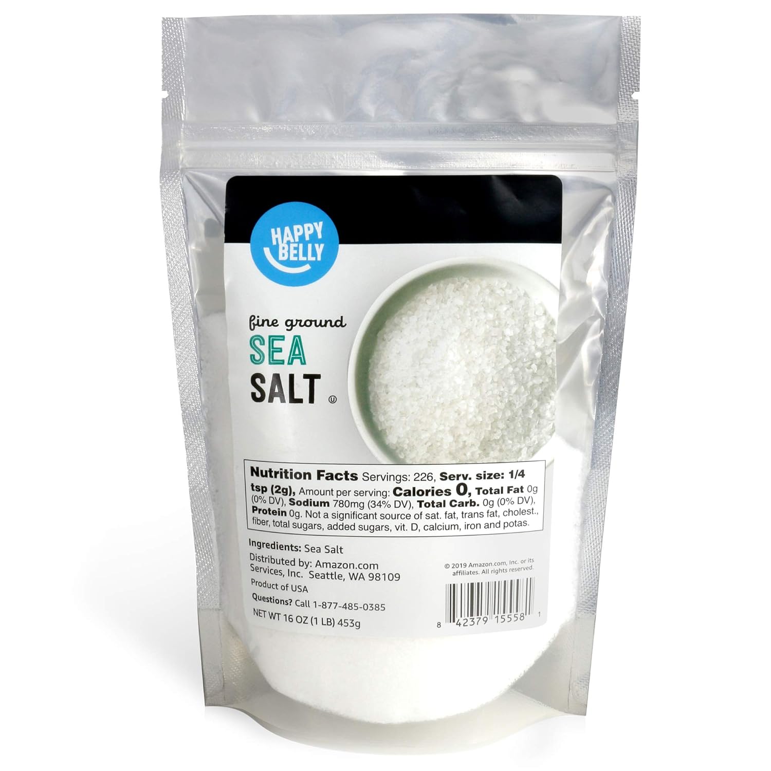 Amazon Brand - Happy Belly Sea Salt, Fine Ground, 16 Ounce