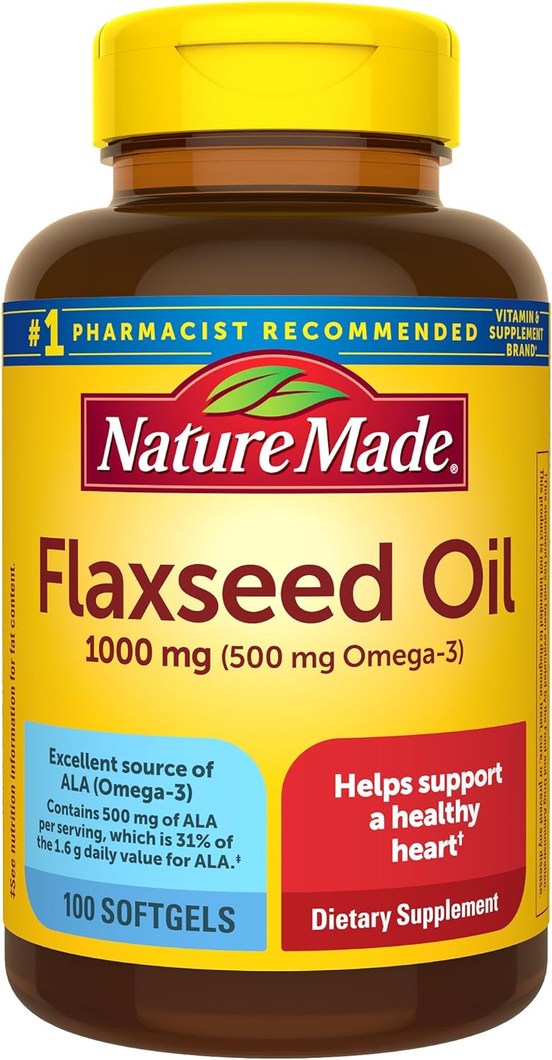 Nature Made Flaxseed Oil 1000 mg, Fish Free Omega 3 Supplement, Dietary Supplement for Heart Health Support, 100 Softgels, 100 Day Supply