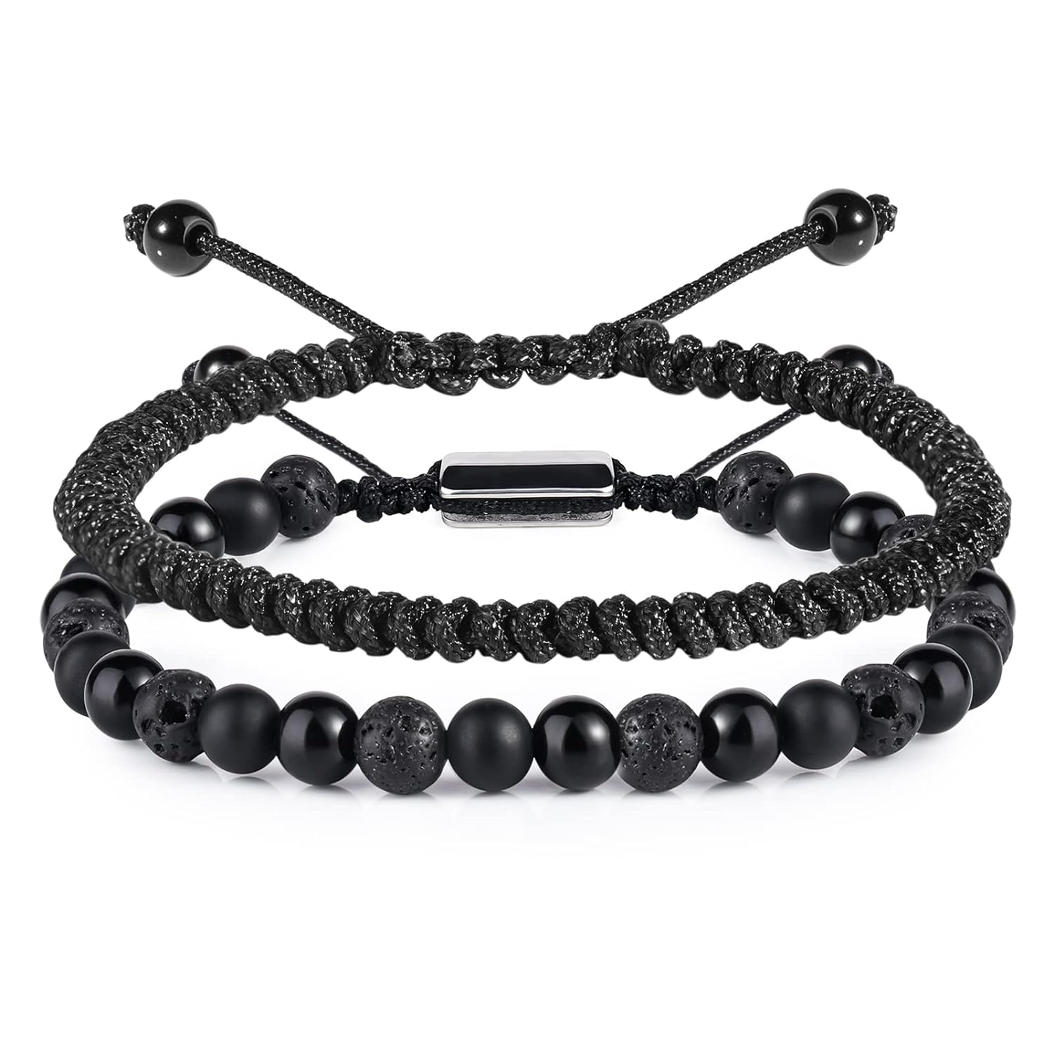 CARITATE Black Beaded Bracelets for Men Boys - 6mm Obsidian Onyx Lava Beads Mens Bracelet Set for Couples - Valentines Day Birthday Gifts Mens Jewelry for Boyfriend Husband Him