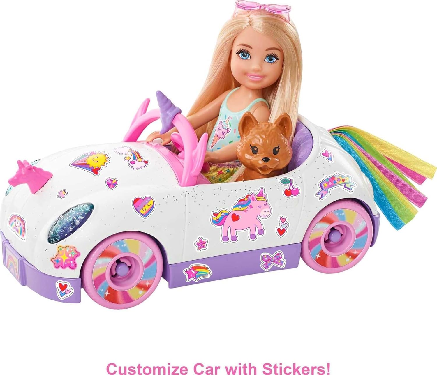 Barbie Club Chelsea Doll (6-inch Blonde) with Open-Top Rainbow Unicorn-Themed Car, Pet Puppy, Sticker Sheet & Accessories, For 3 to 7 Year Olds