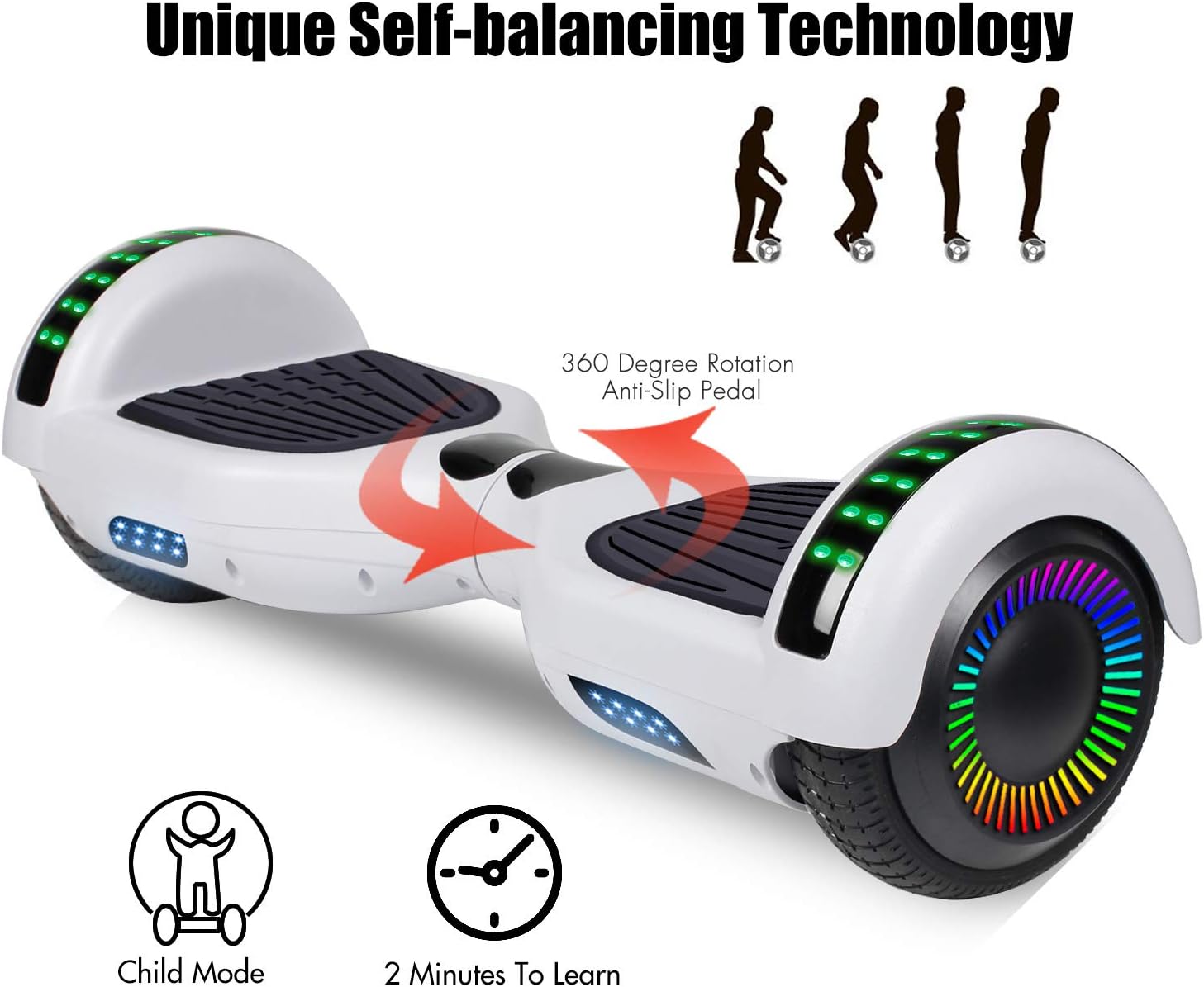 LIEAGLE Hoverboard, 6.5" Self Balancing Scooter Hover Board with Bluetooth Wheels LED Lights for Kids Adults