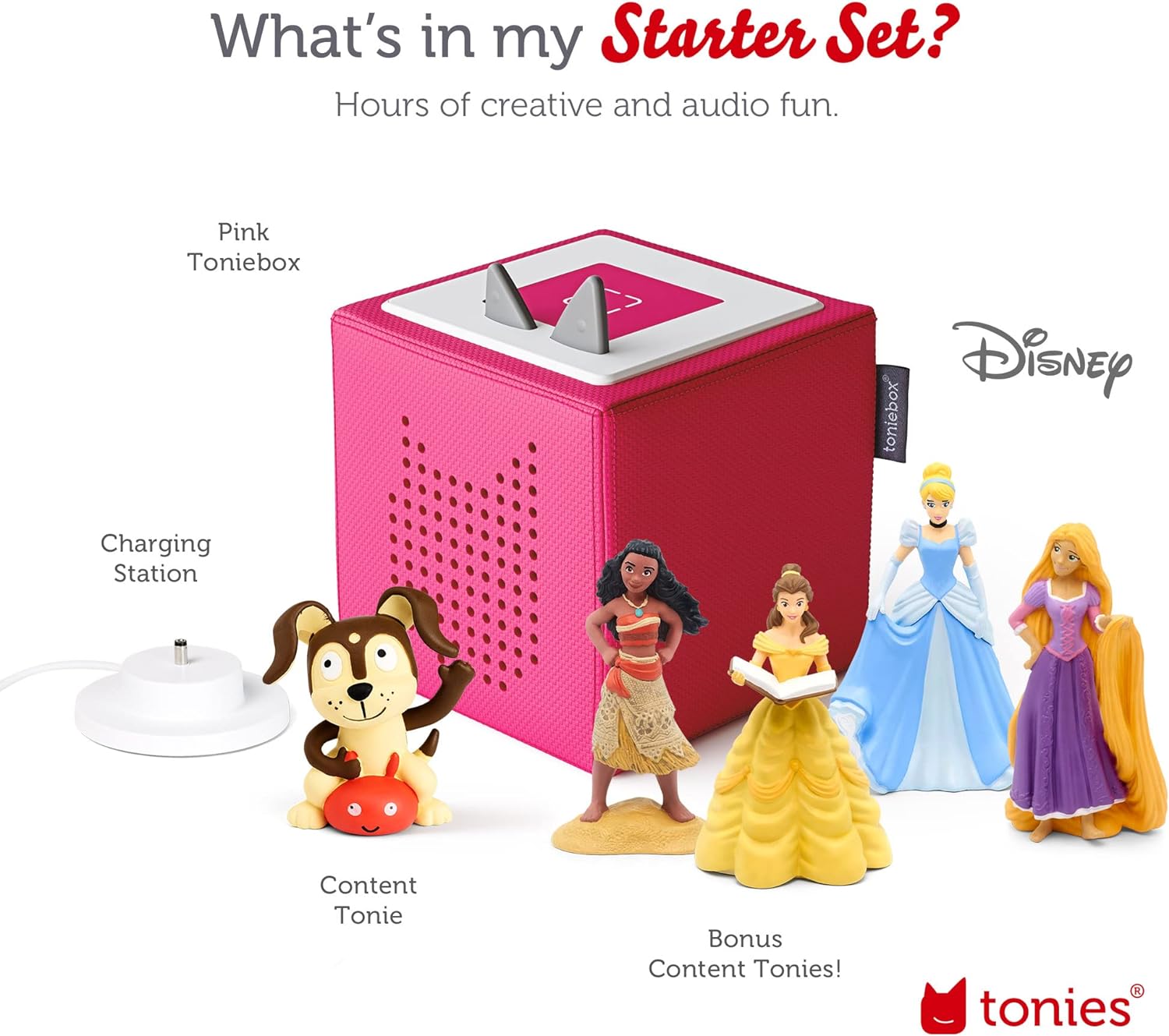 Toniebox Audio Player Starter Set with Cinderella, Belle, Moana, Tangled, and Playtime Puppy - Listen, Learn, and Play with One Huggable Little Box - Pink