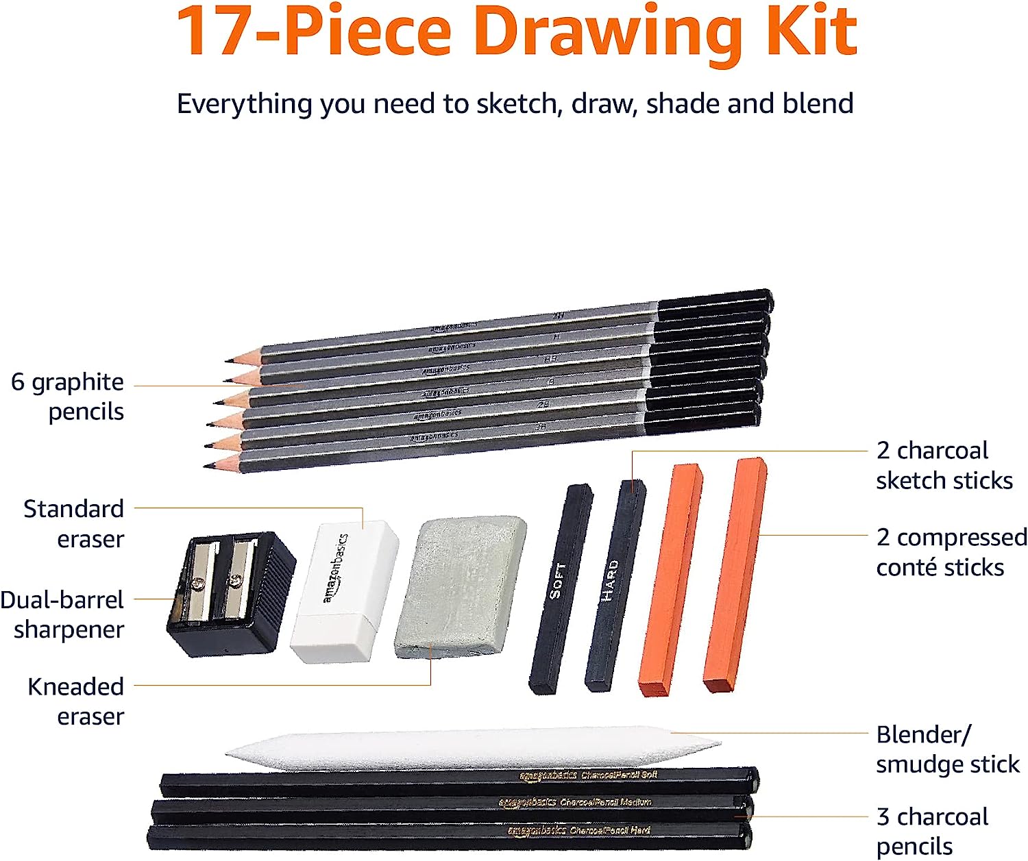 Amazon Basics Sketch and Drawing Art Pencil Kit, 17 Piece Set, Charcoal, Black, White