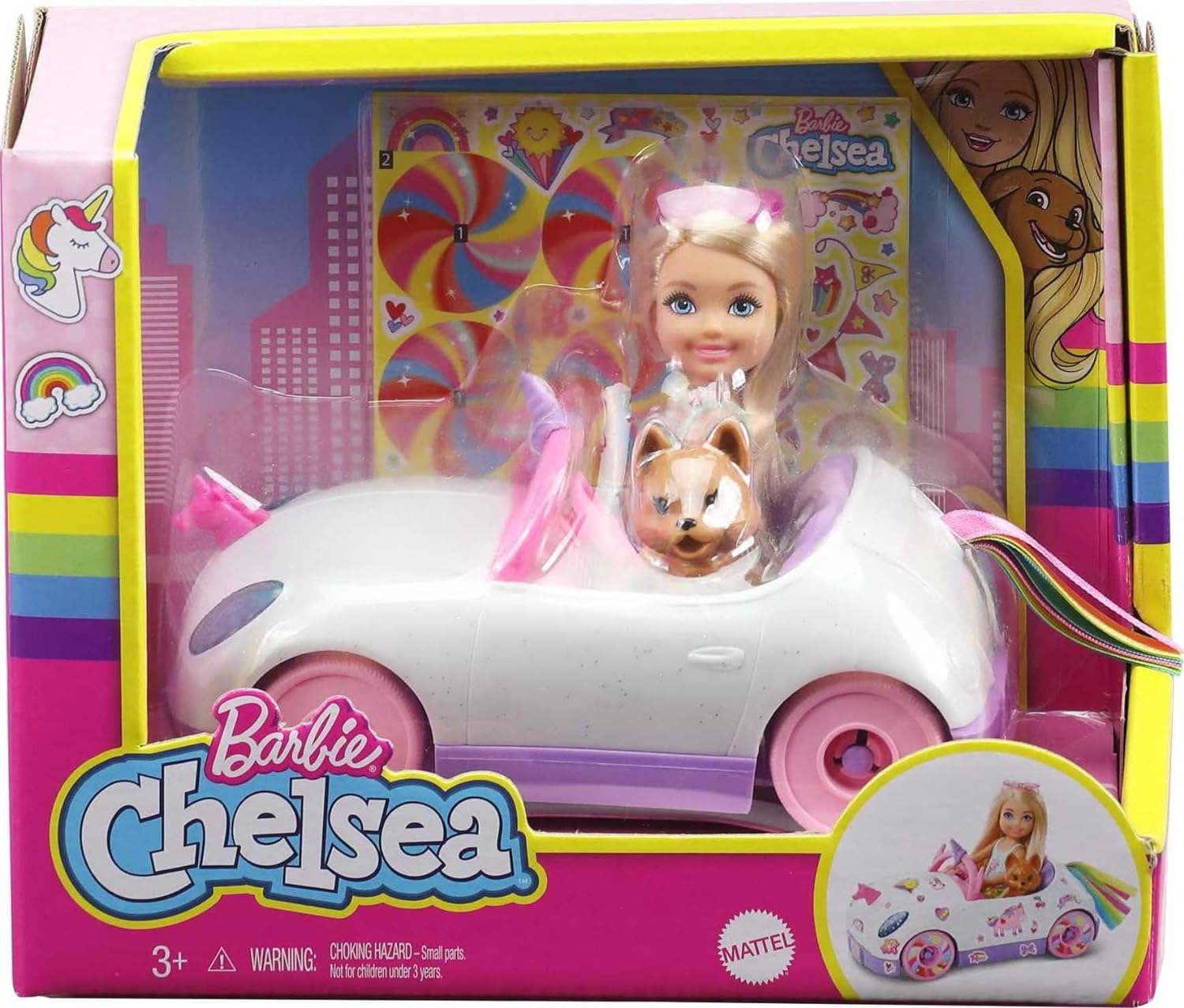 Barbie Club Chelsea Doll (6-inch Blonde) with Open-Top Rainbow Unicorn-Themed Car, Pet Puppy, Sticker Sheet & Accessories, For 3 to 7 Year Olds