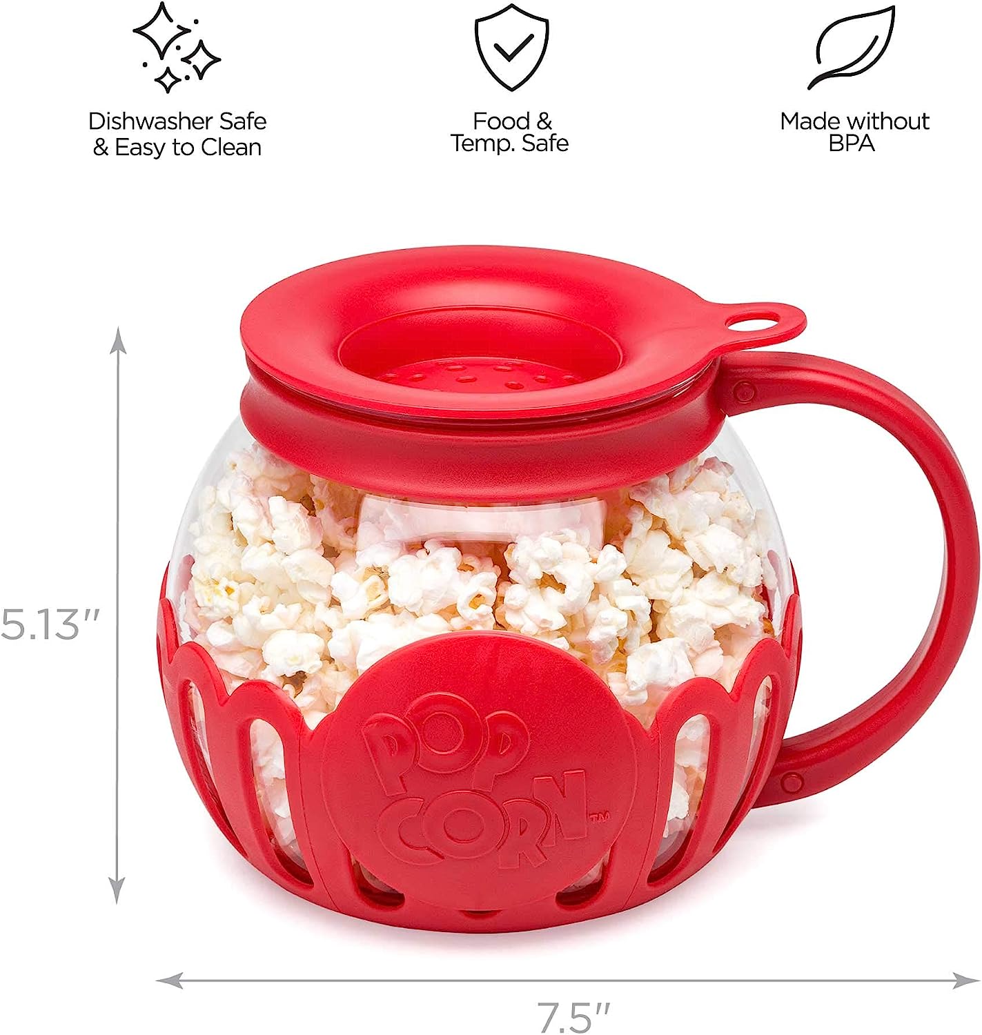 Ecolution Patented Micro-Pop Microwave Popcorn Popper with Temperature Safe Glass, 3-in-1 Lid Measures Kernels and Melts Butter, Made Without BPA, Dishwasher Safe, 1.5-Quart, Red