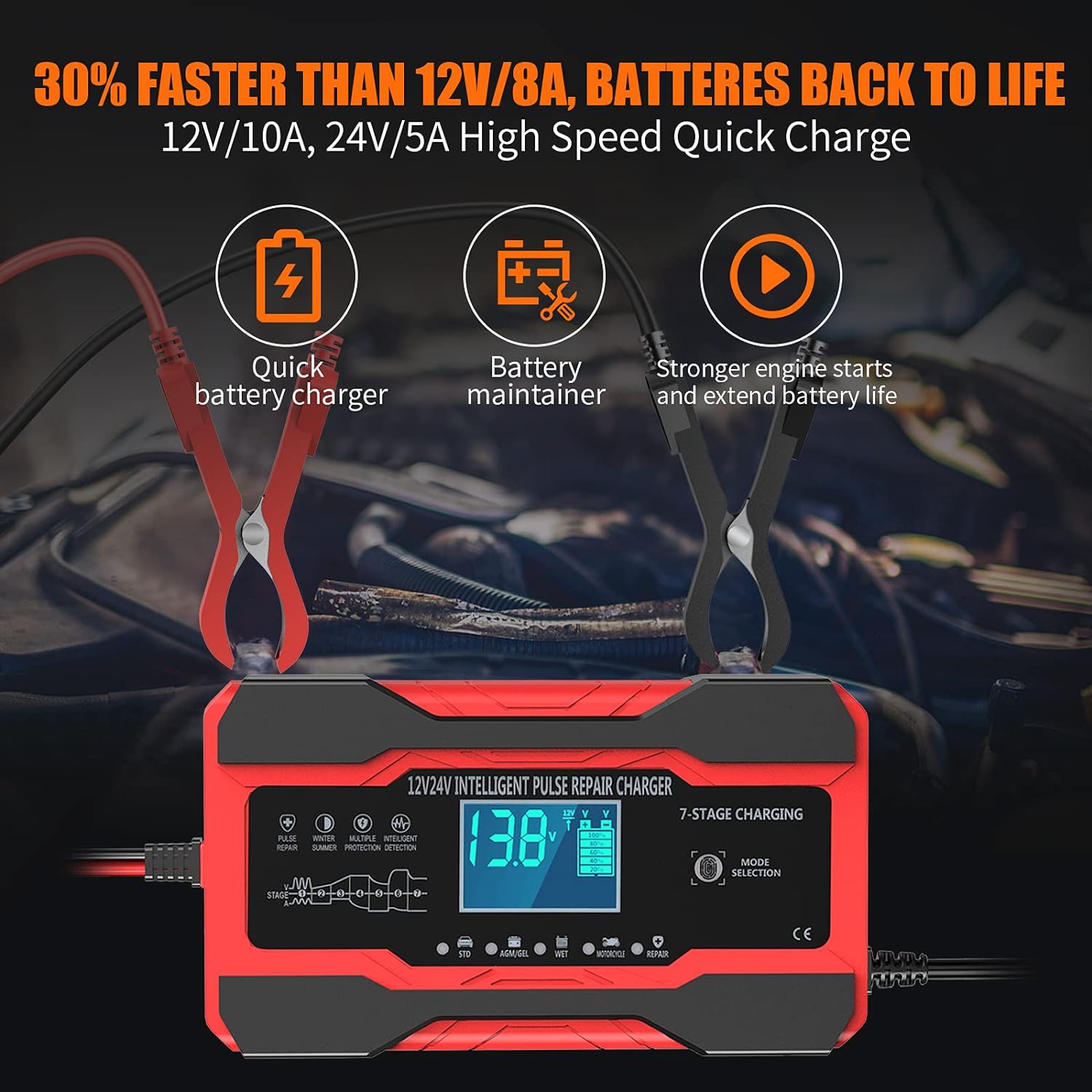 YONHAN Battery Charger 10-Amp 12V and 24V Fully-Automatic Smart Car Battery Charger, Battery Maintainer Trickle Charger, and Battery Desulfator with Temperature Compensation