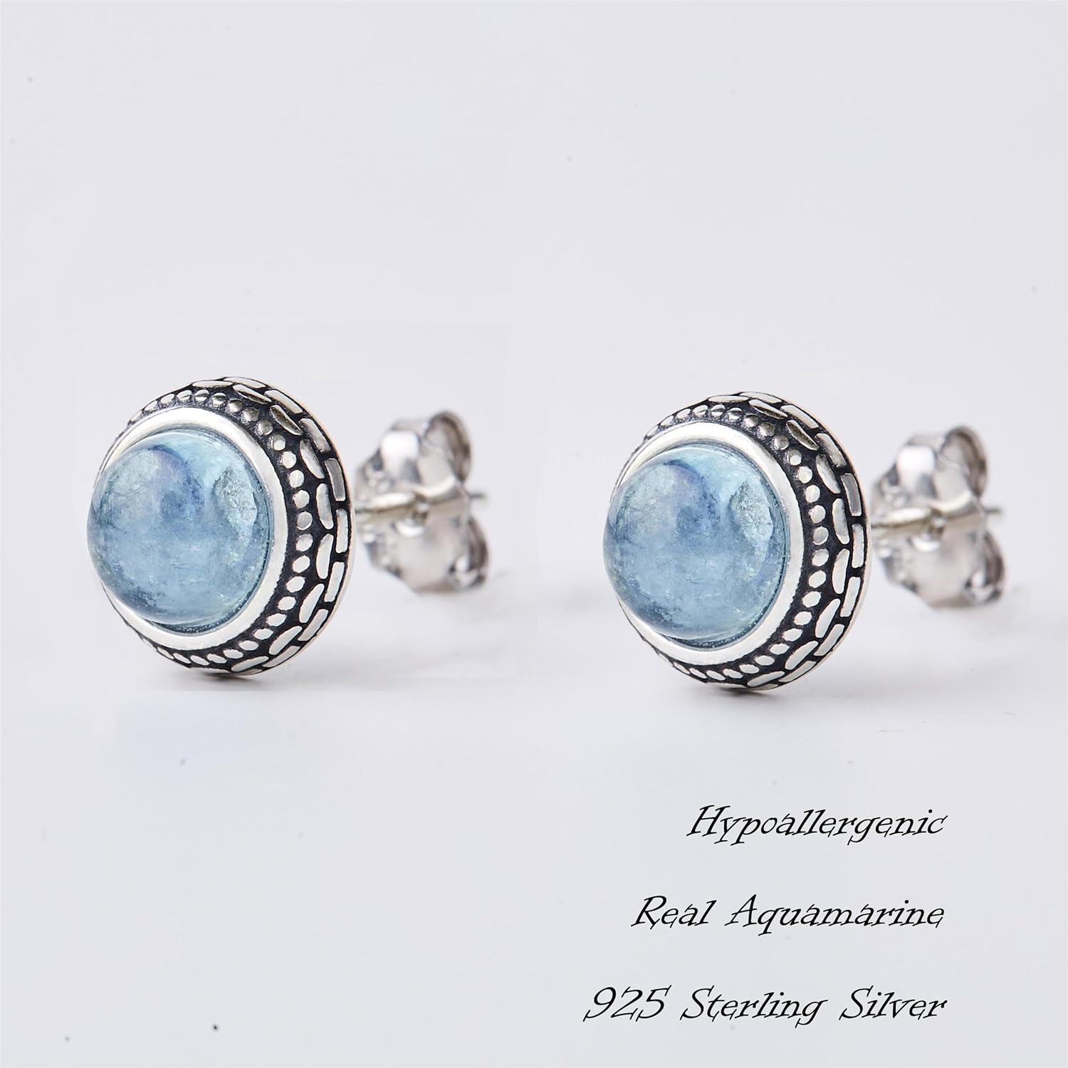 Small Genuine Blue Aquamarine 925 Sterling Silver Hypoallergenic Studs Earrings Jewelry for Women Dainty Trendy Antiqued Silver March Birthstone Earrings Jewelry Gifts for Women and Girls Her Keenove