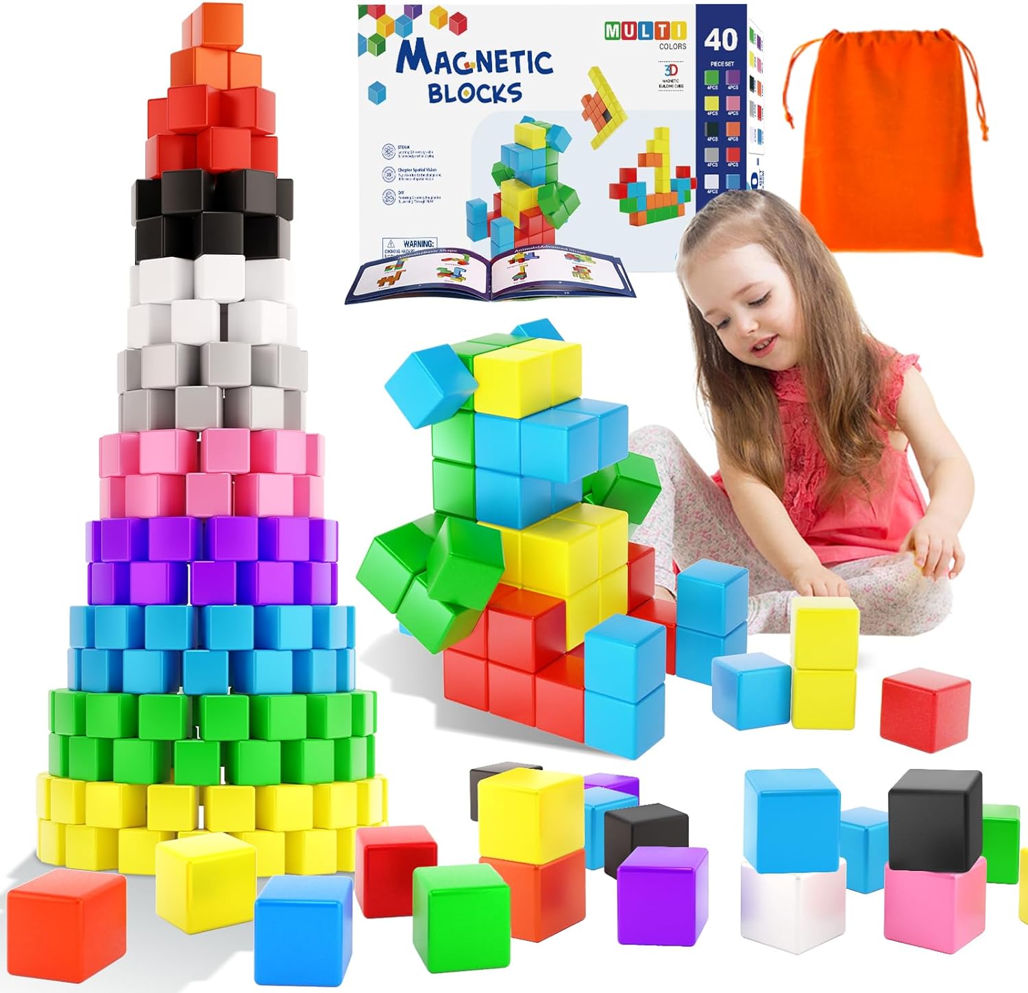 Girigi 10 Colors Magnetic Blocks for Toddler Toys, Montessori Sensory STEM Building Preschool Magnet Toys for 3 4 5 6 Year Old Boys and Girls, Large Magnetic Cubes Building Blocks for Kids