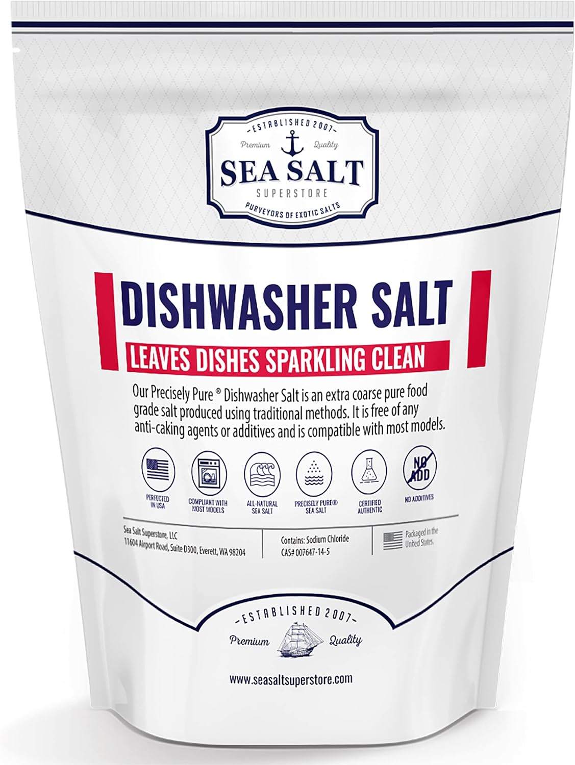 Dishwasher Salt - All-Natural Water Softener Salt for a Clean Finish - Compatible with Bosch, Miele, Thermador, Whirlpool Dishwashers and More - Food-Grade Coarse Sea Salt (5 lb Bag)