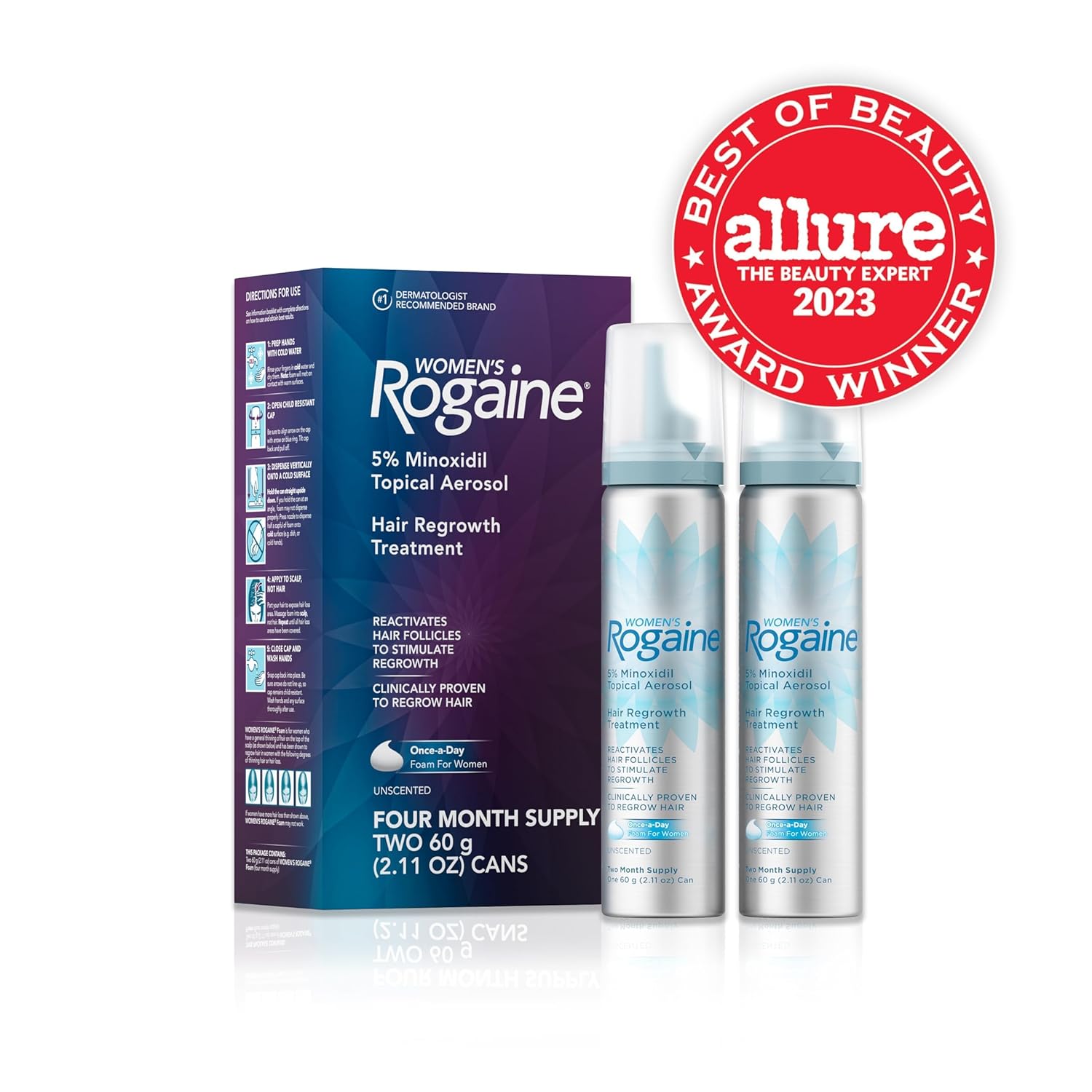 Women's Rogaine 5% Minoxidil Foam, Topical Once-A-Day Hair Loss Treatment for Women to Regrow Fuller, Thicker Hair, Unscented, 4-Month Supply, 2 x 2.11 oz