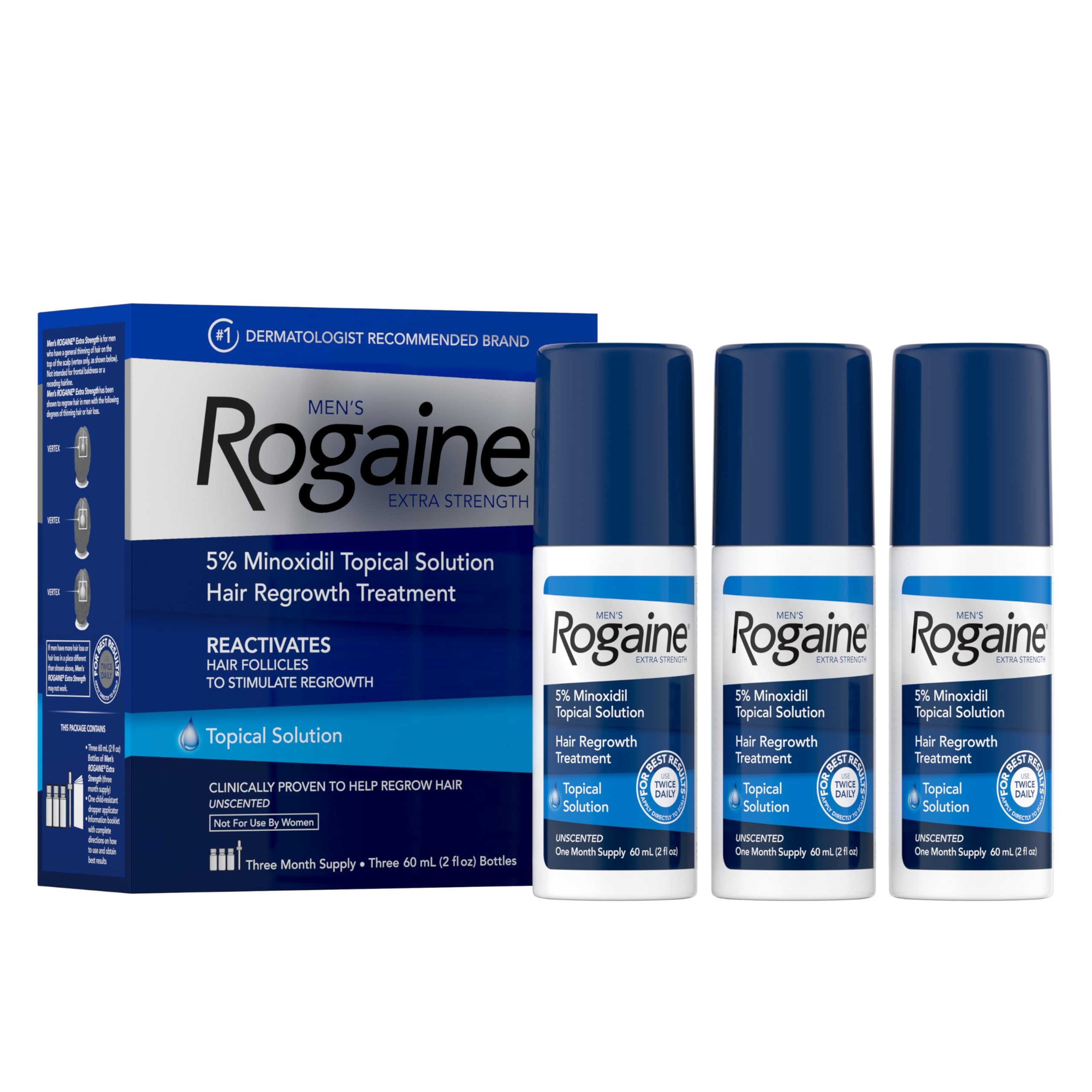 Men's Rogaine Extra Strength 5% Minoxidil Topical Solution for Thin Hair, Hair Loss Treatment to Regrow Fuller, Thicker Hair, 3-Month Supply, 3 x 2 fl. oz