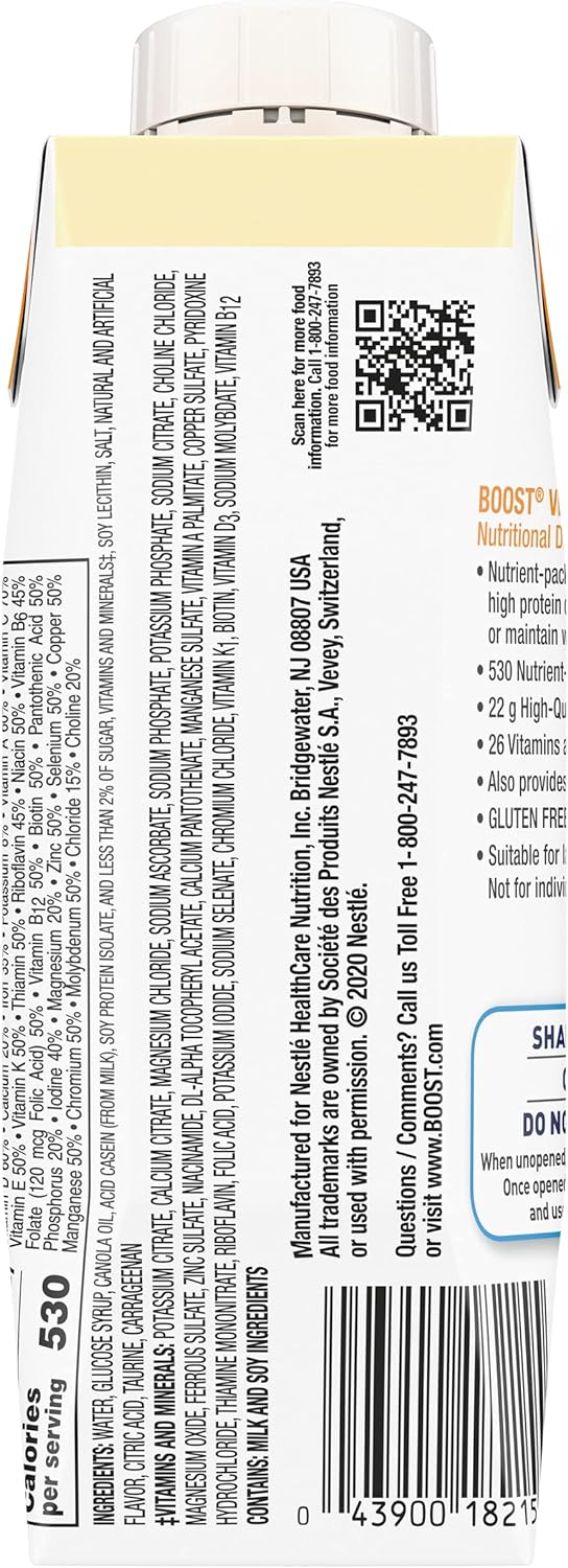 Boost Very High Calorie Vanilla Nutritional Drink – 22g Protein, 530 Nutrient Rich Calories, 8 Fl Oz (Pack of 24)